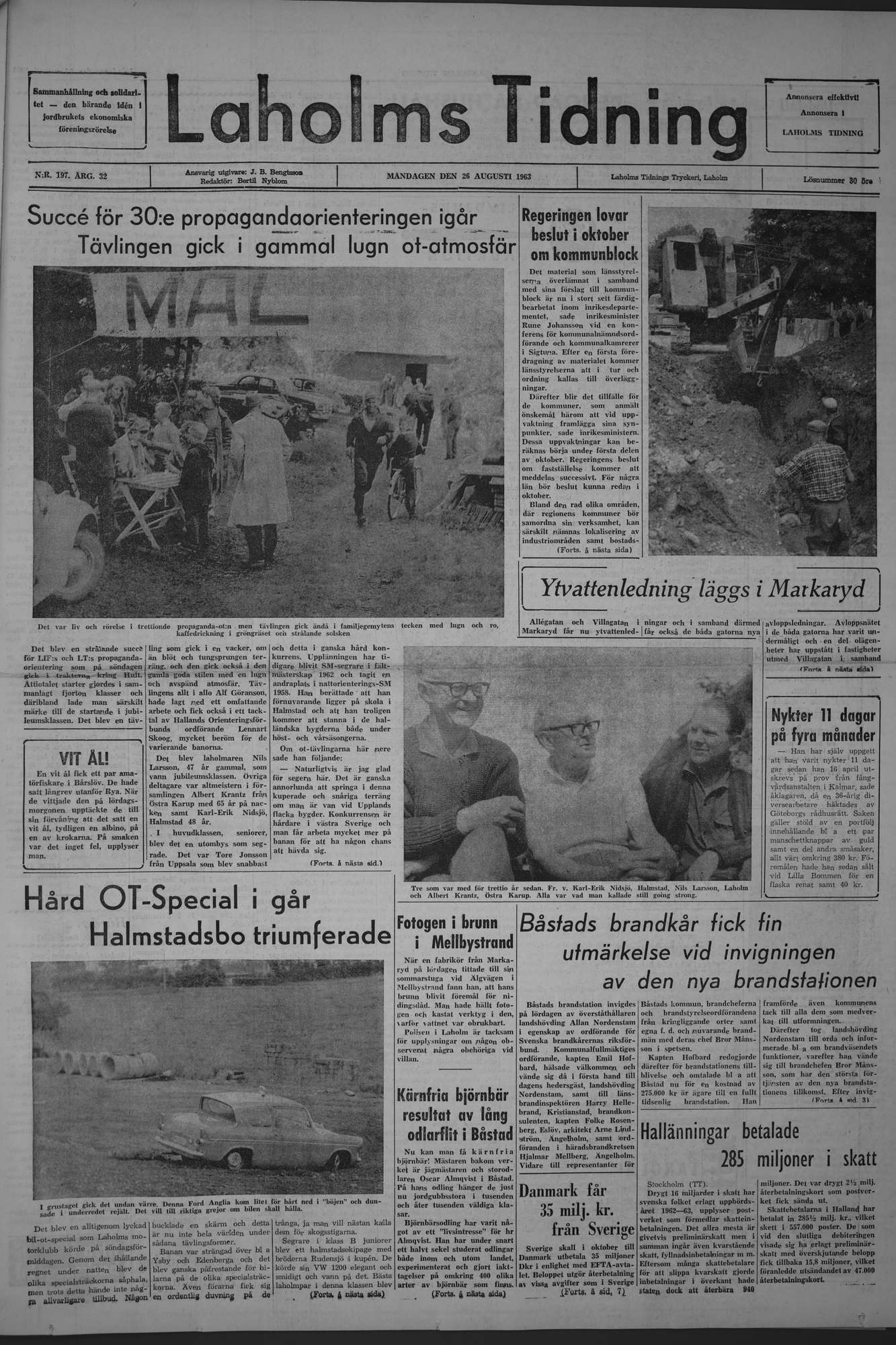 Laholms Tidning Måndag 26 augusti 1963, sida 1