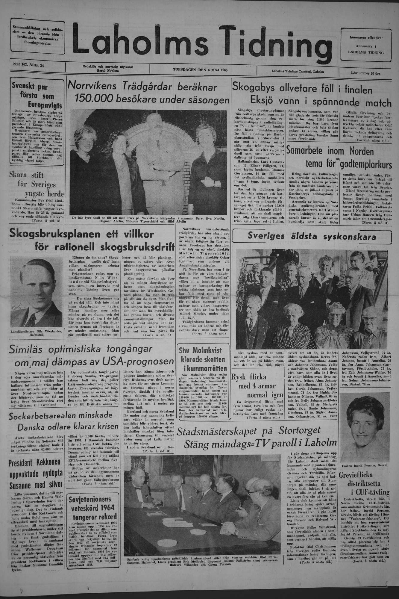 Laholms Tidning Torsdag 6 maj 1965, sida 1