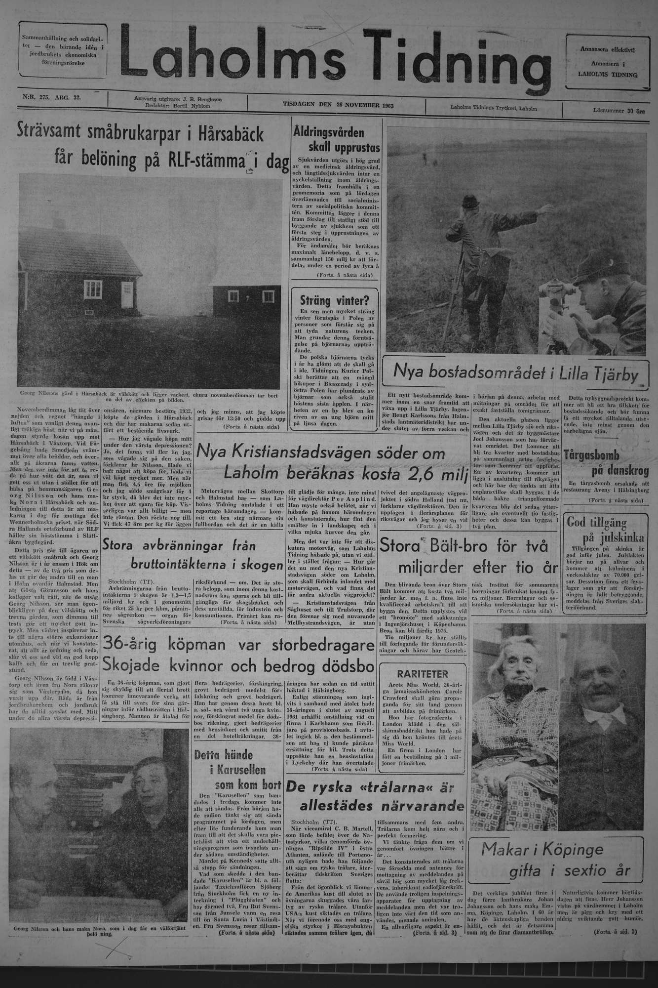 Laholms Tidning Tisdag 26 november 1963, sida 1
