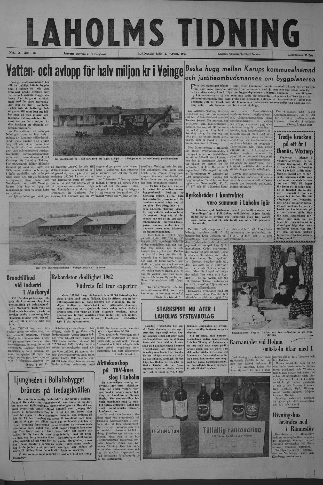Laholms Tidning Lördag 27 april 1963, sida 1
