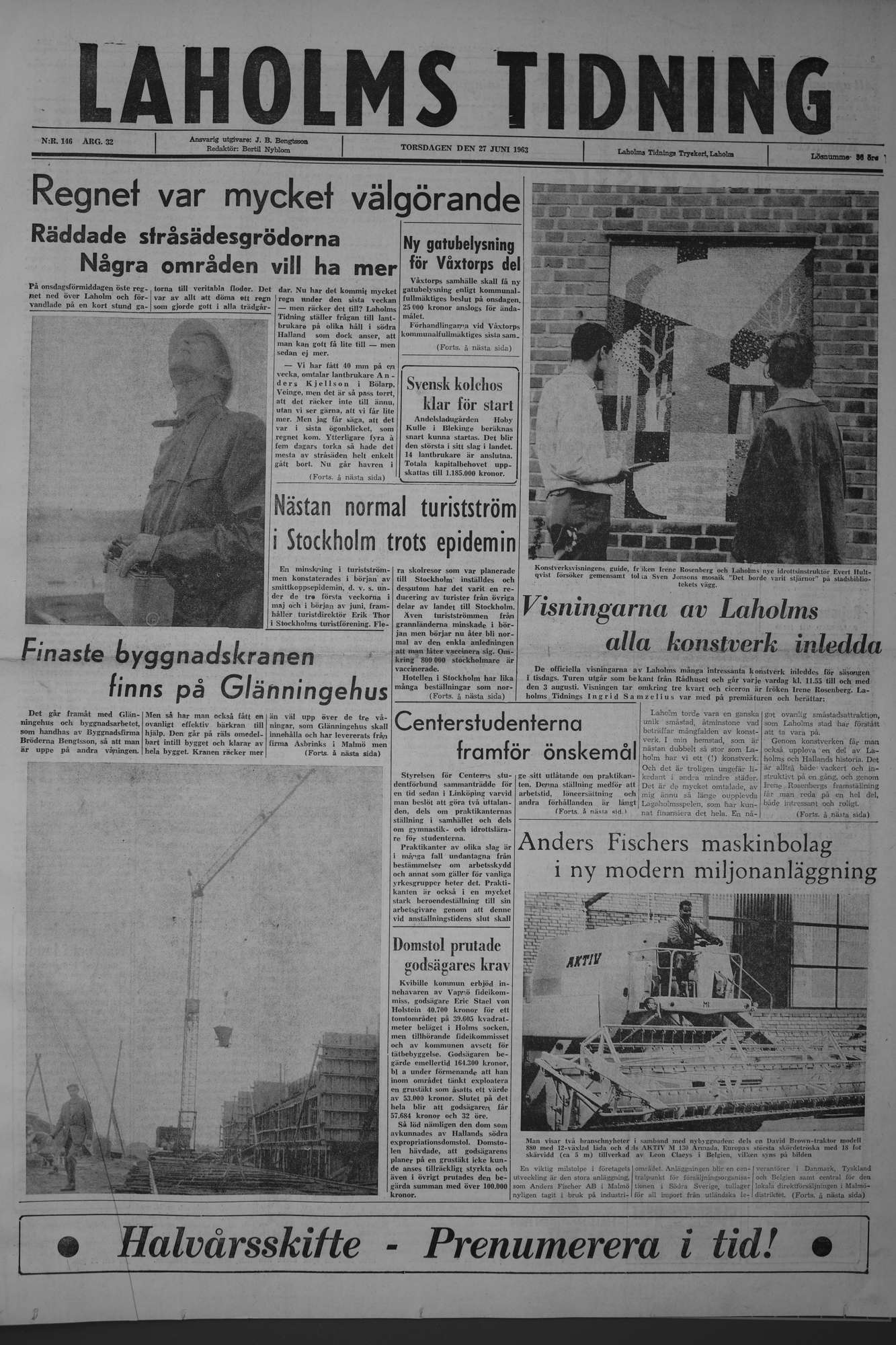Laholms Tidning Torsdag 27 juni 1963, sida 1