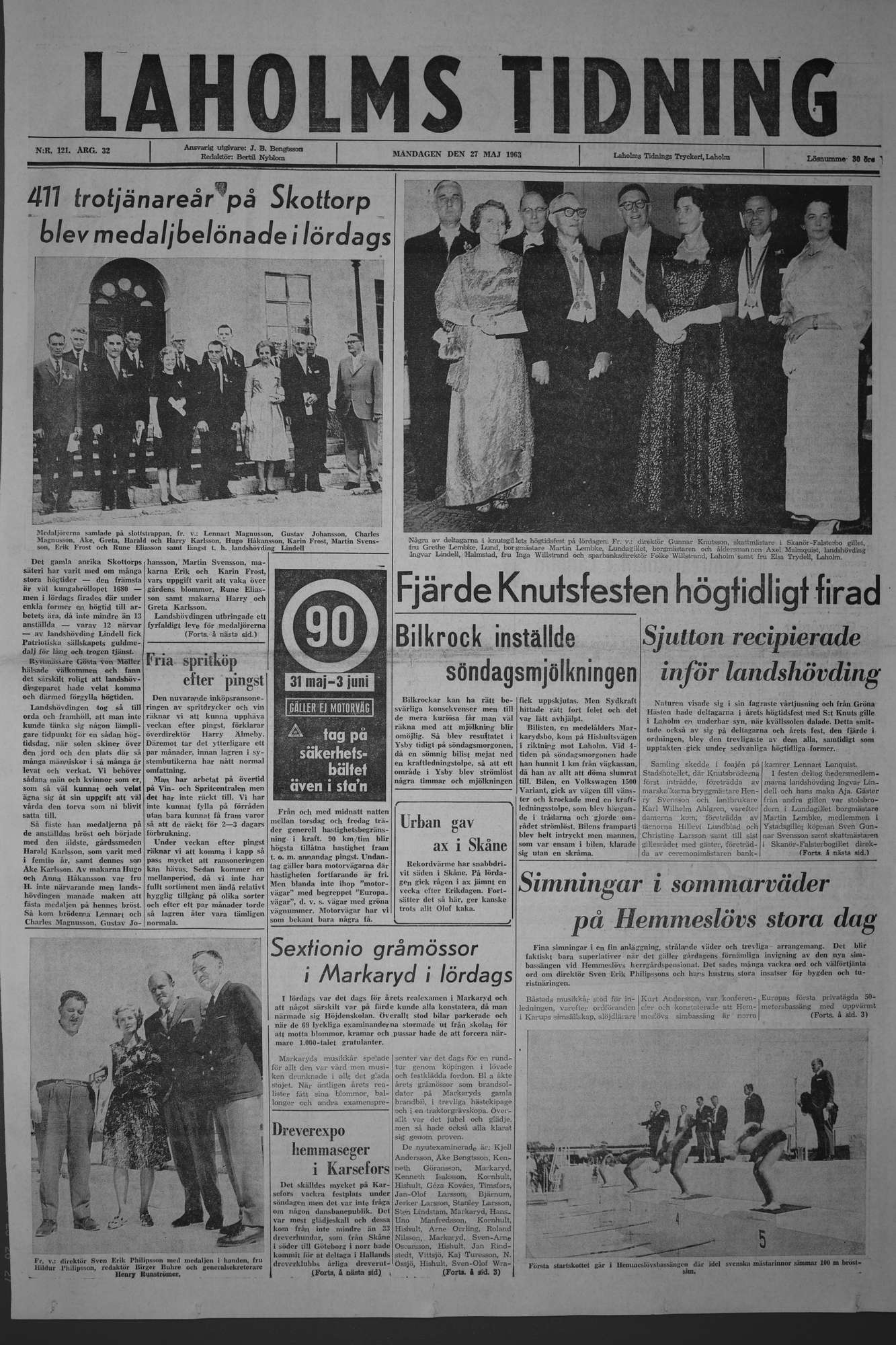 Laholms Tidning Måndag 27 maj 1963, sida 1