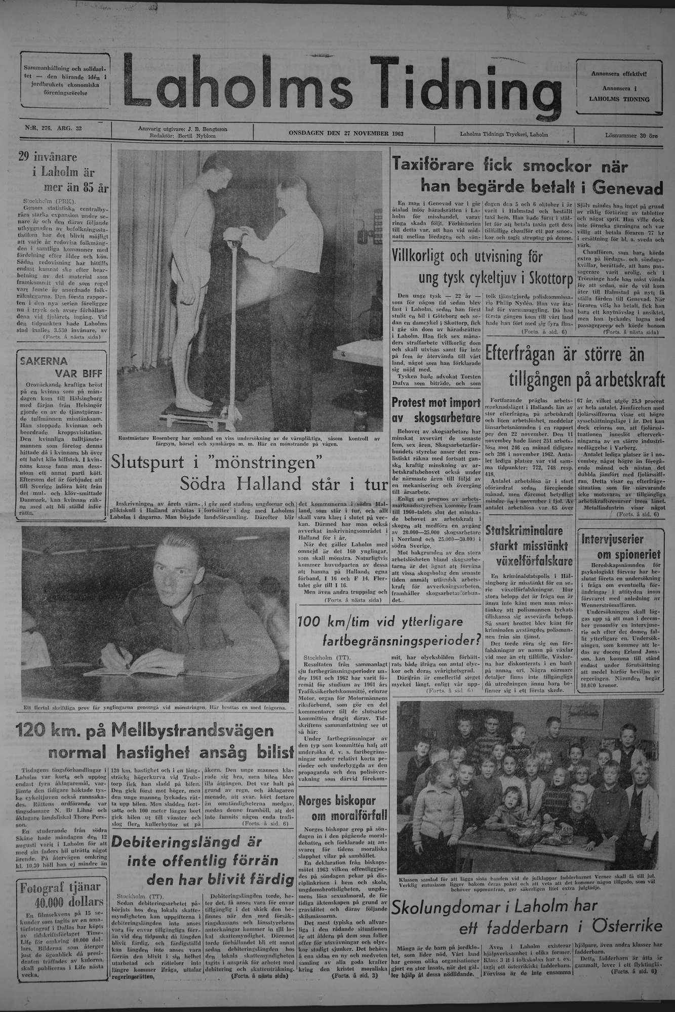 Laholms Tidning Onsdag 27 november 1963, sida 1