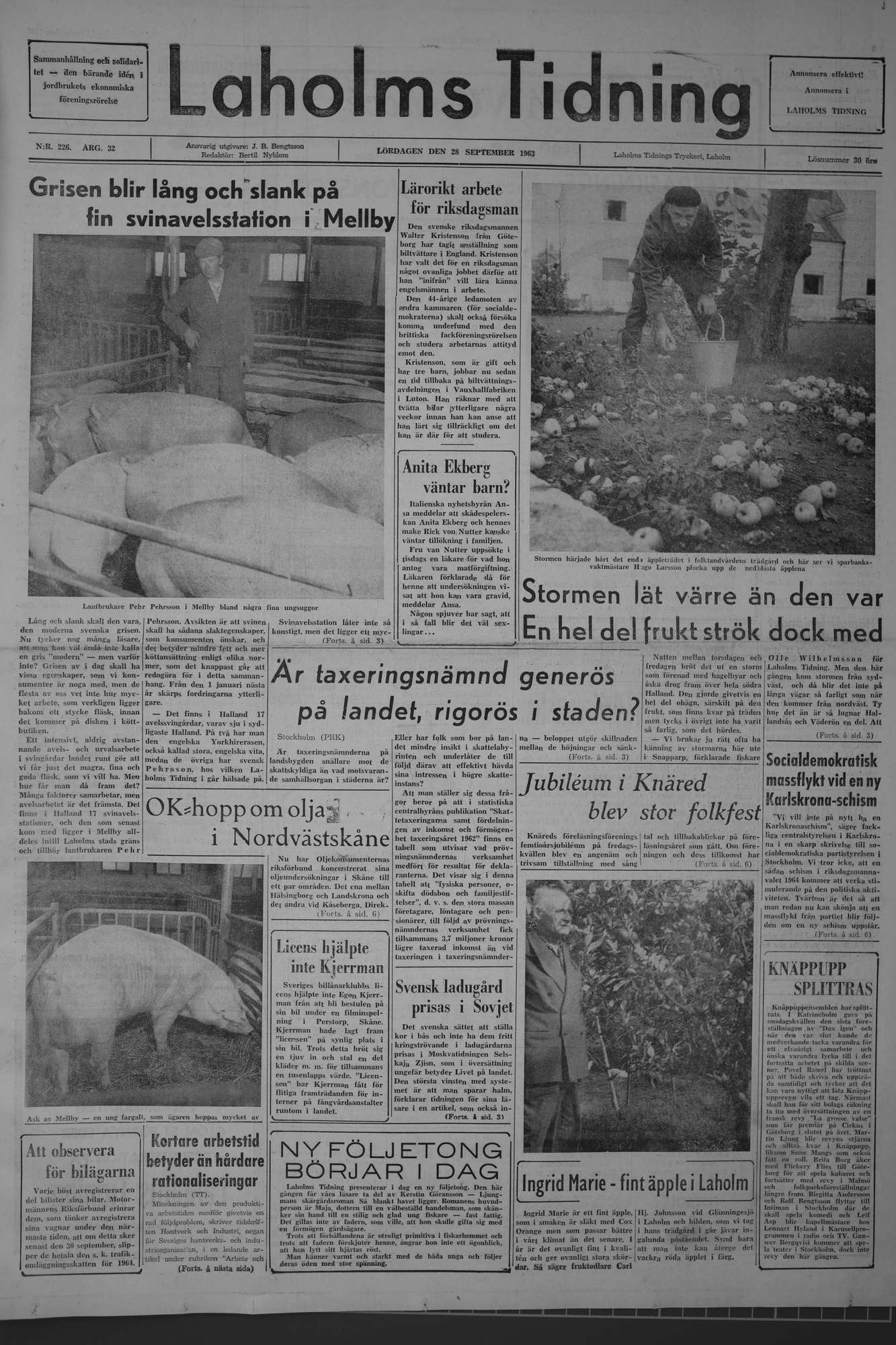 Laholms Tidning Lördag 28 september 1963, sida 1