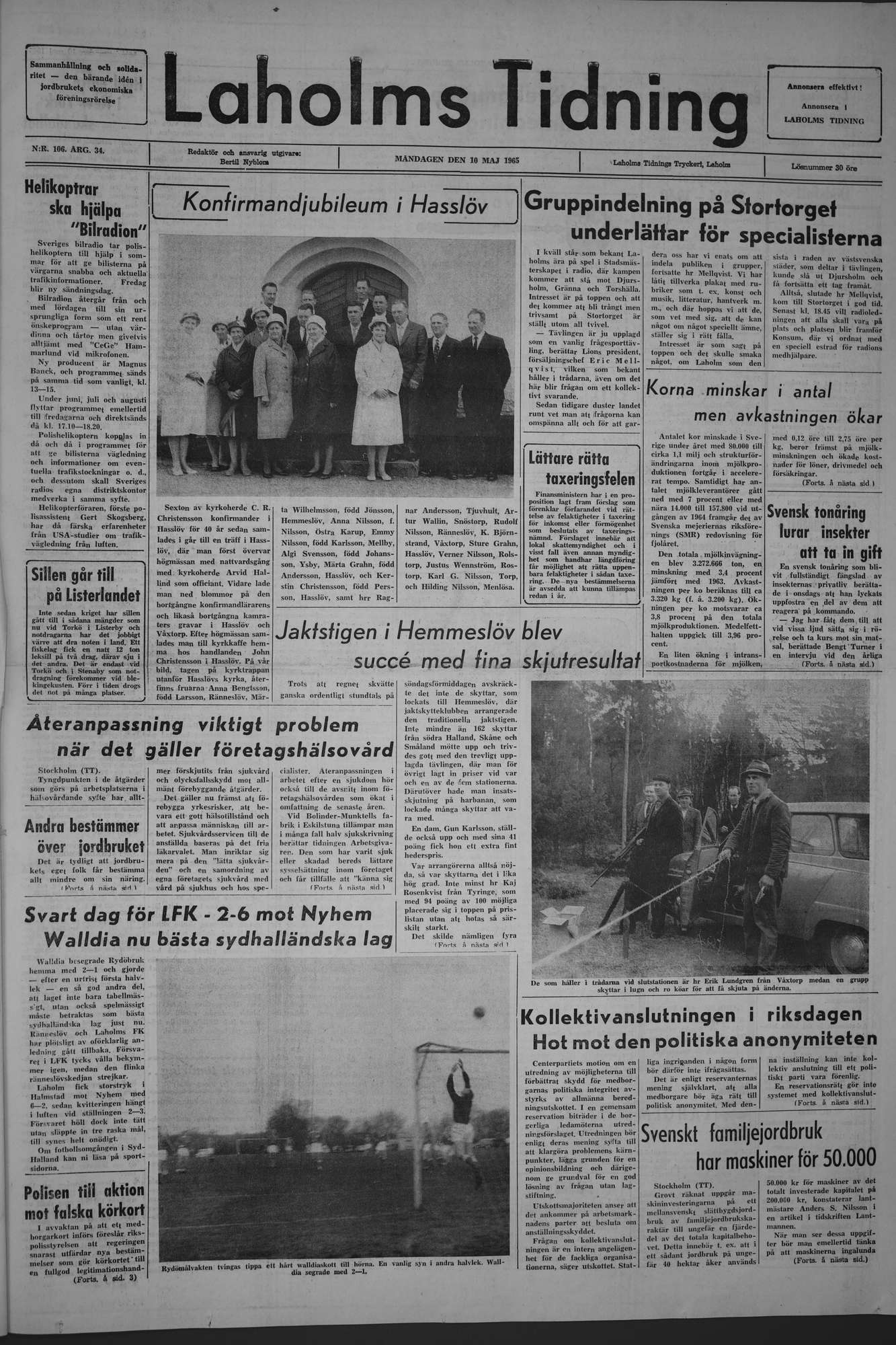 Laholms Tidning Måndag 10 maj 1965, sida 1