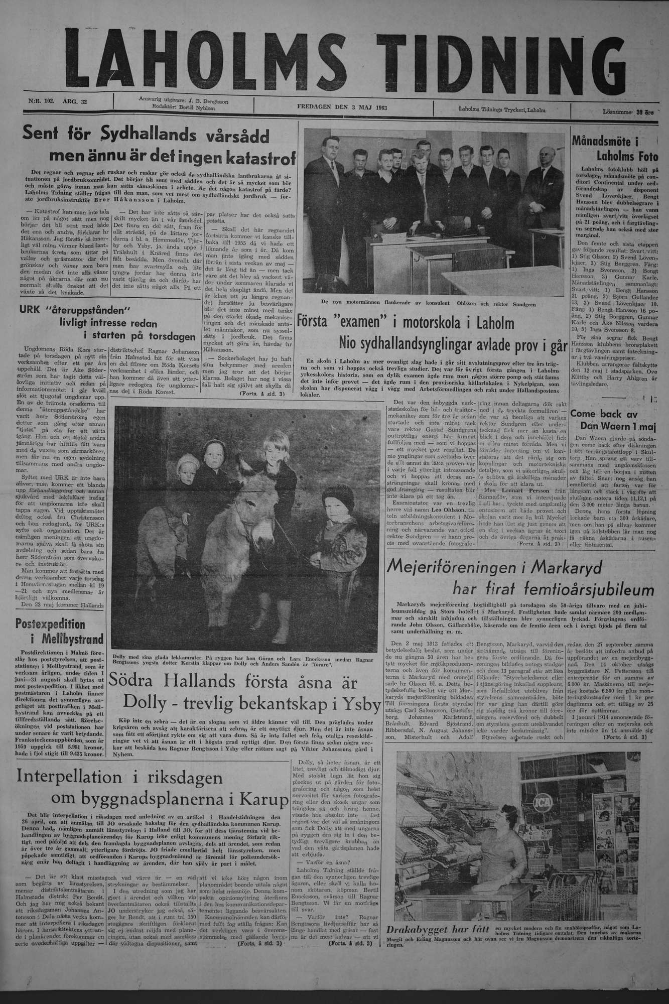 Laholms Tidning Fredag 3 maj 1963, sida 1