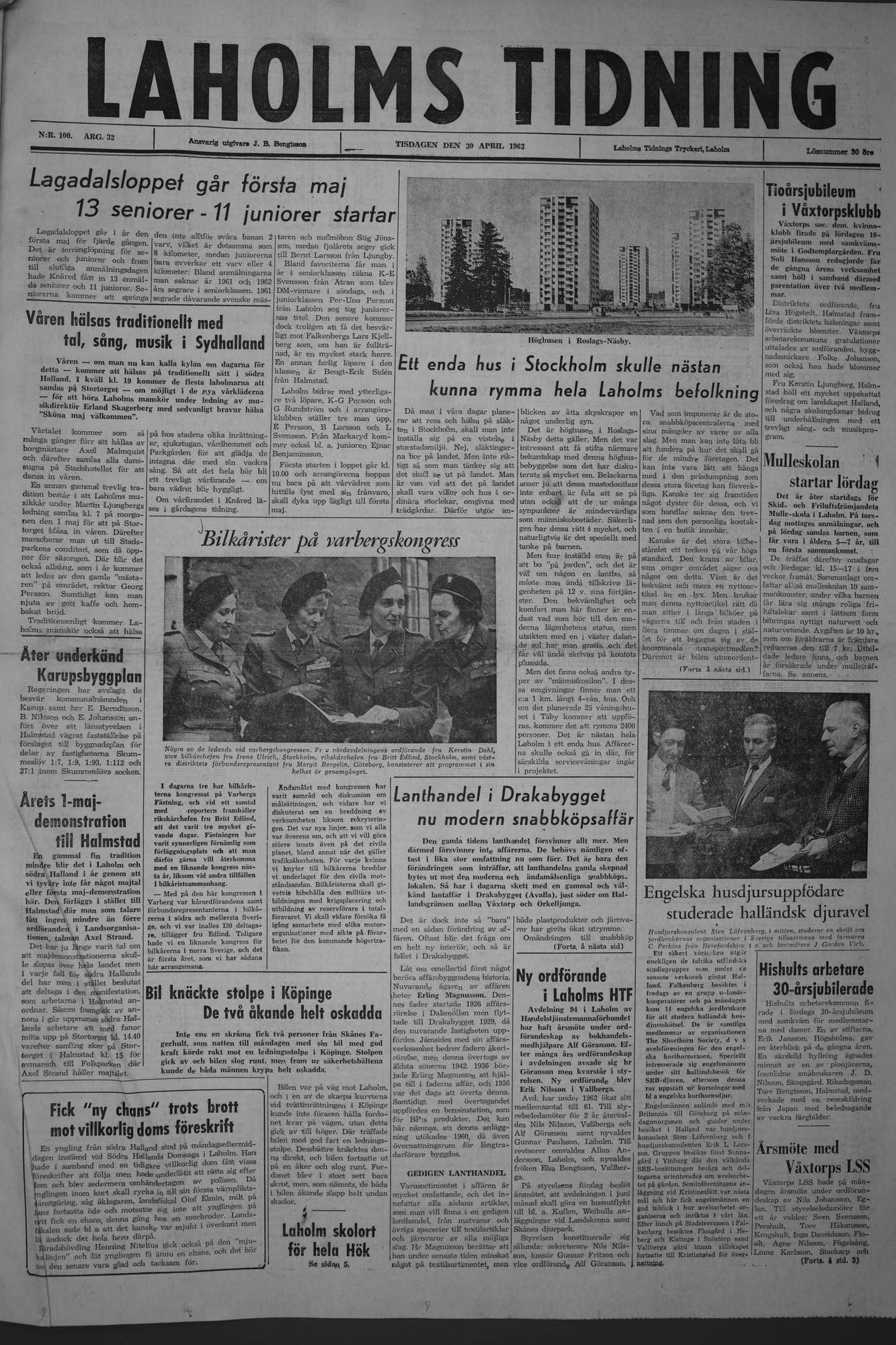 Laholms Tidning Tisdag 30 april 1963, sida 1