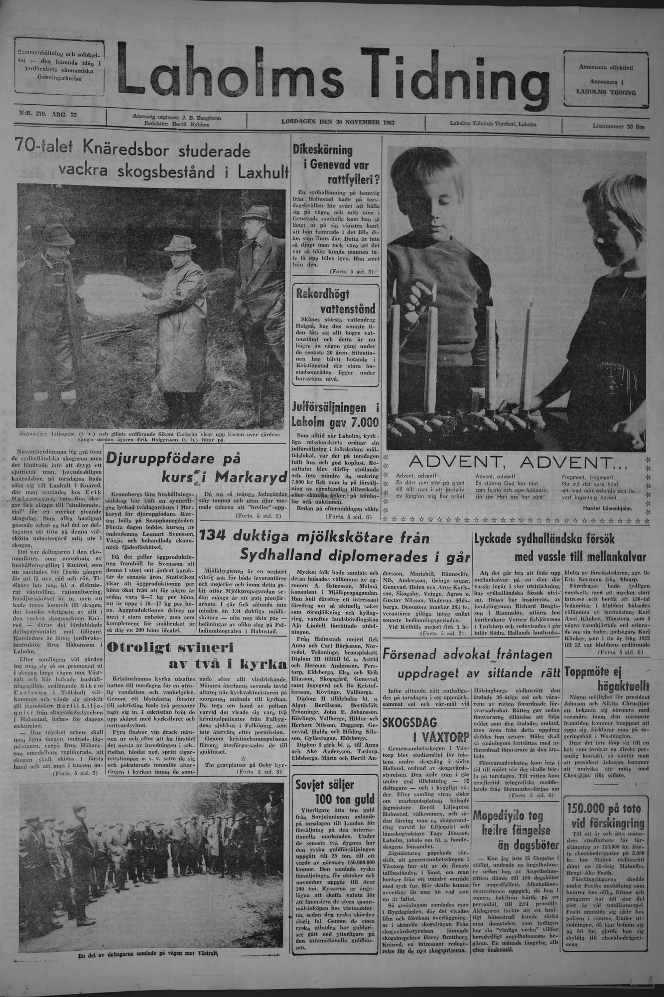 Laholms Tidning Lördag 30 november 1963, sida 1