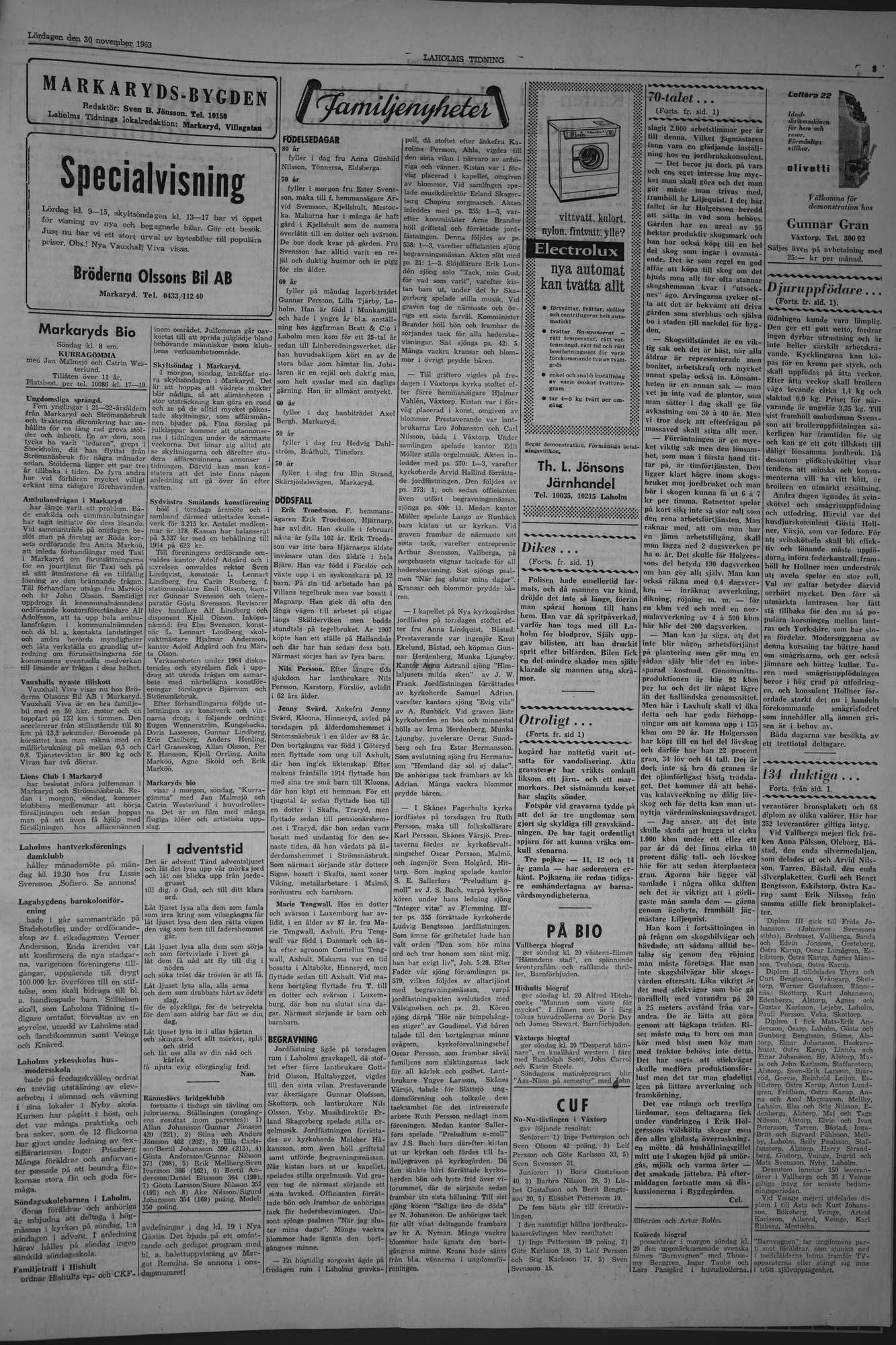 Laholms Tidning Lördag 30 november 1963, sida 3