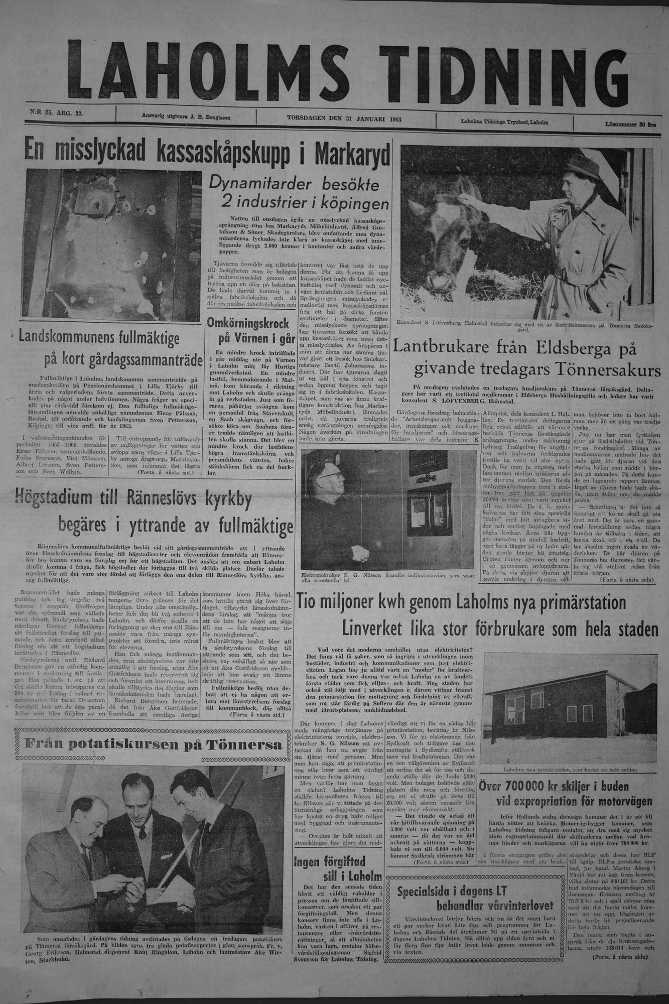 Laholms Tidning Torsdag 31 januari 1963, sida 1