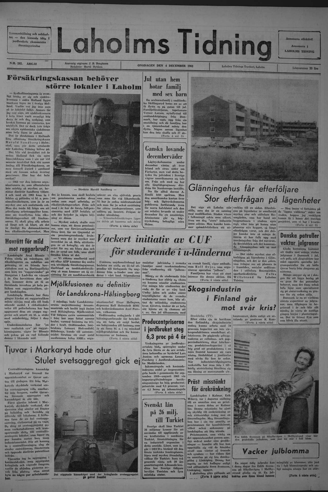 Laholms Tidning Onsdag 4 december 1963, sida 1