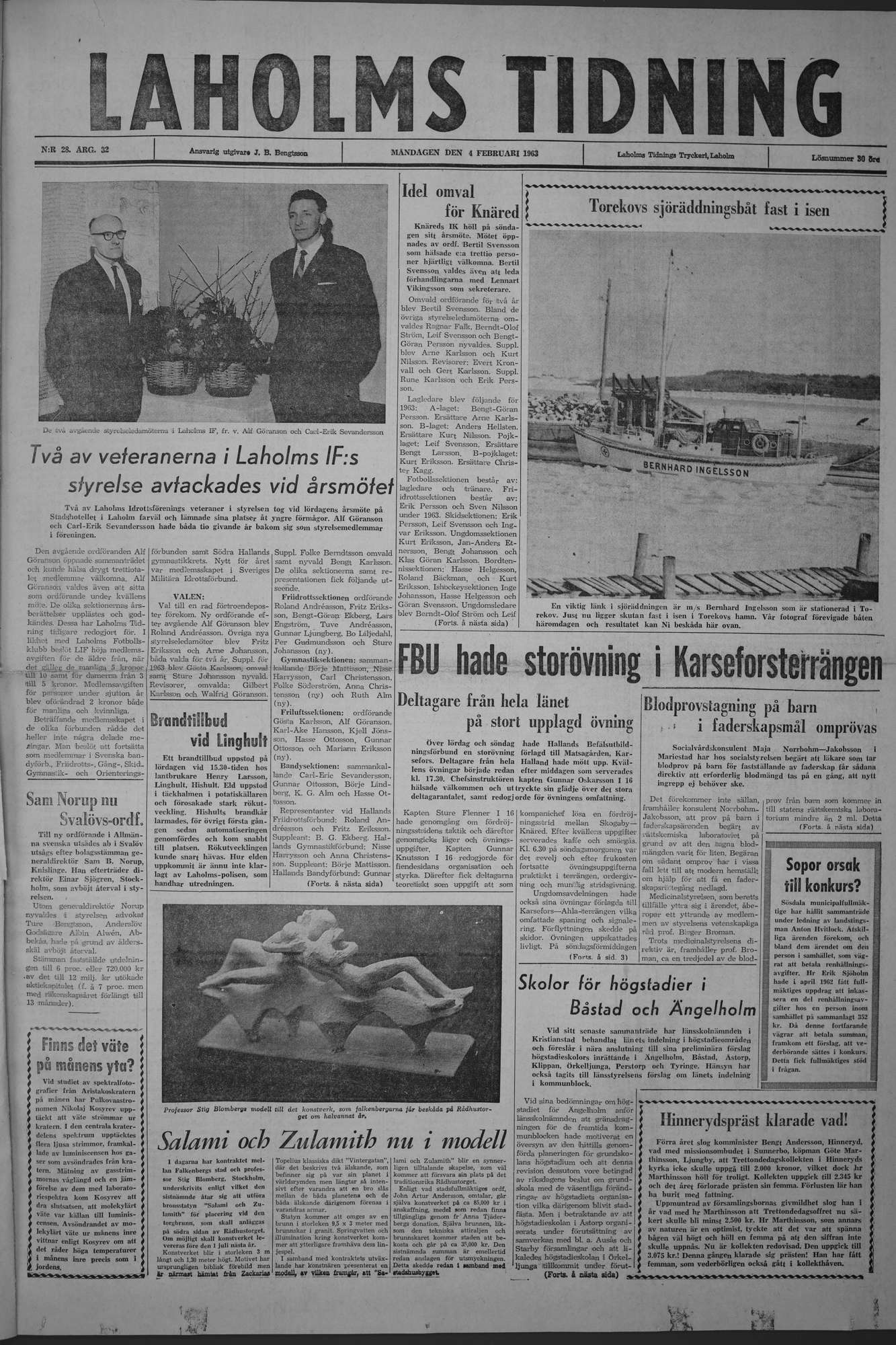 Laholms Tidning Måndag 4 februari 1963, sida 1