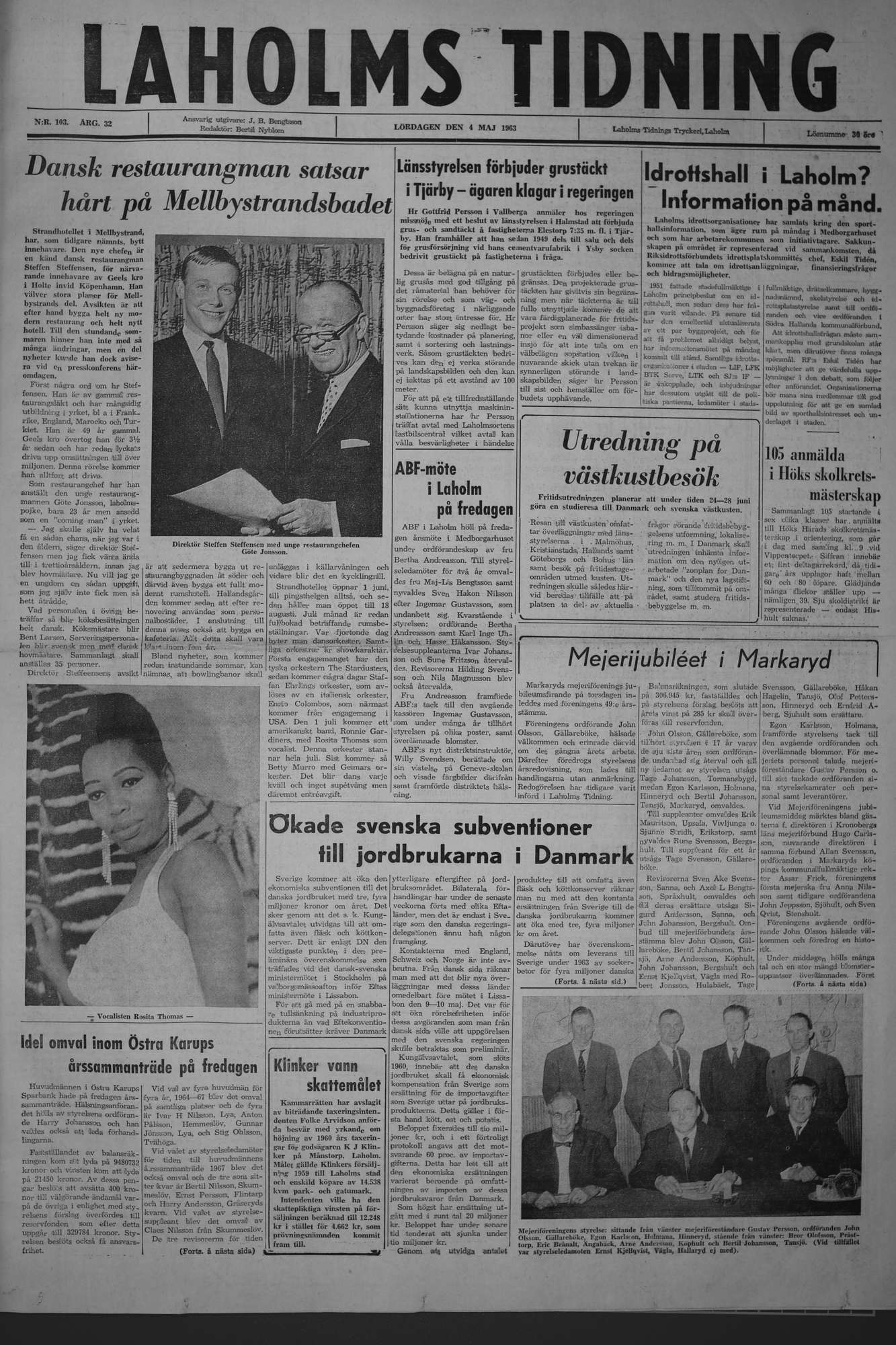 Laholms Tidning Lördag 4 maj 1963, sida 1