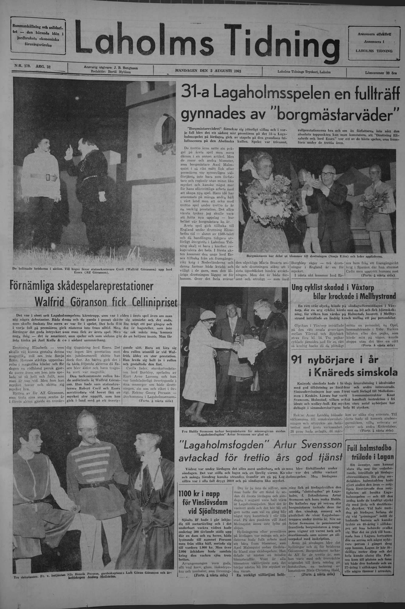 Laholms Tidning Måndag 5 augusti 1963, sida 1