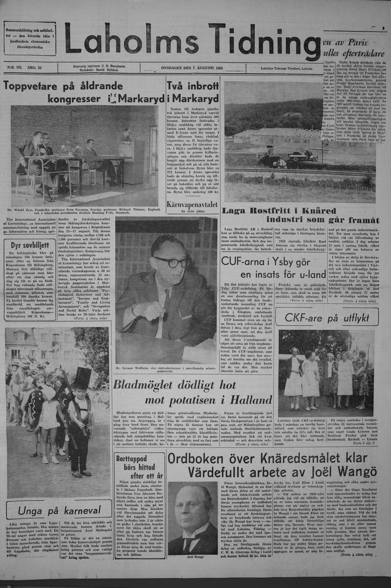 Laholms Tidning Onsdag 7 augusti 1963, sida 1