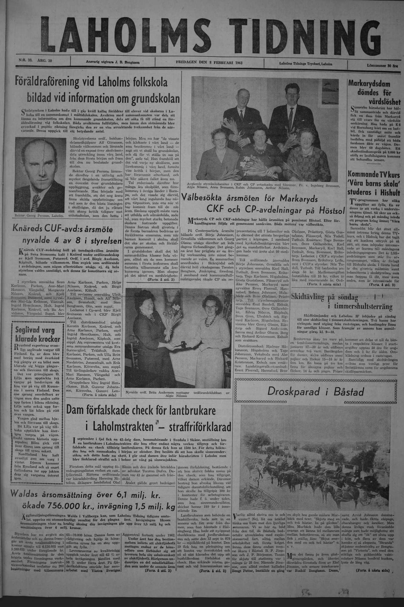 Laholms Tidning Fredag 8 februari 1963, sida 1