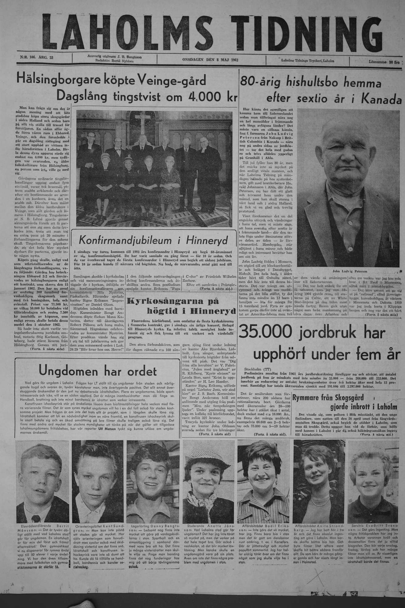 Laholms Tidning Onsdag 8 maj 1963, sida 1