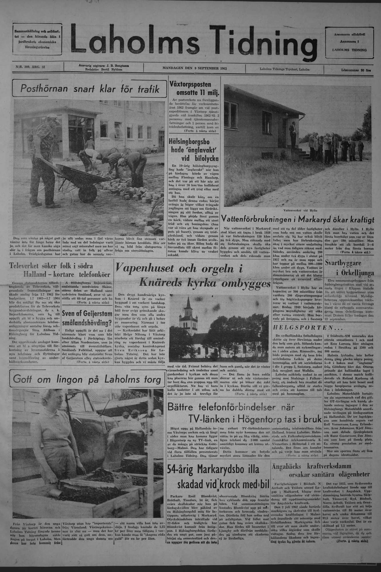 Laholms Tidning Måndag 9 september 1963, sida 1