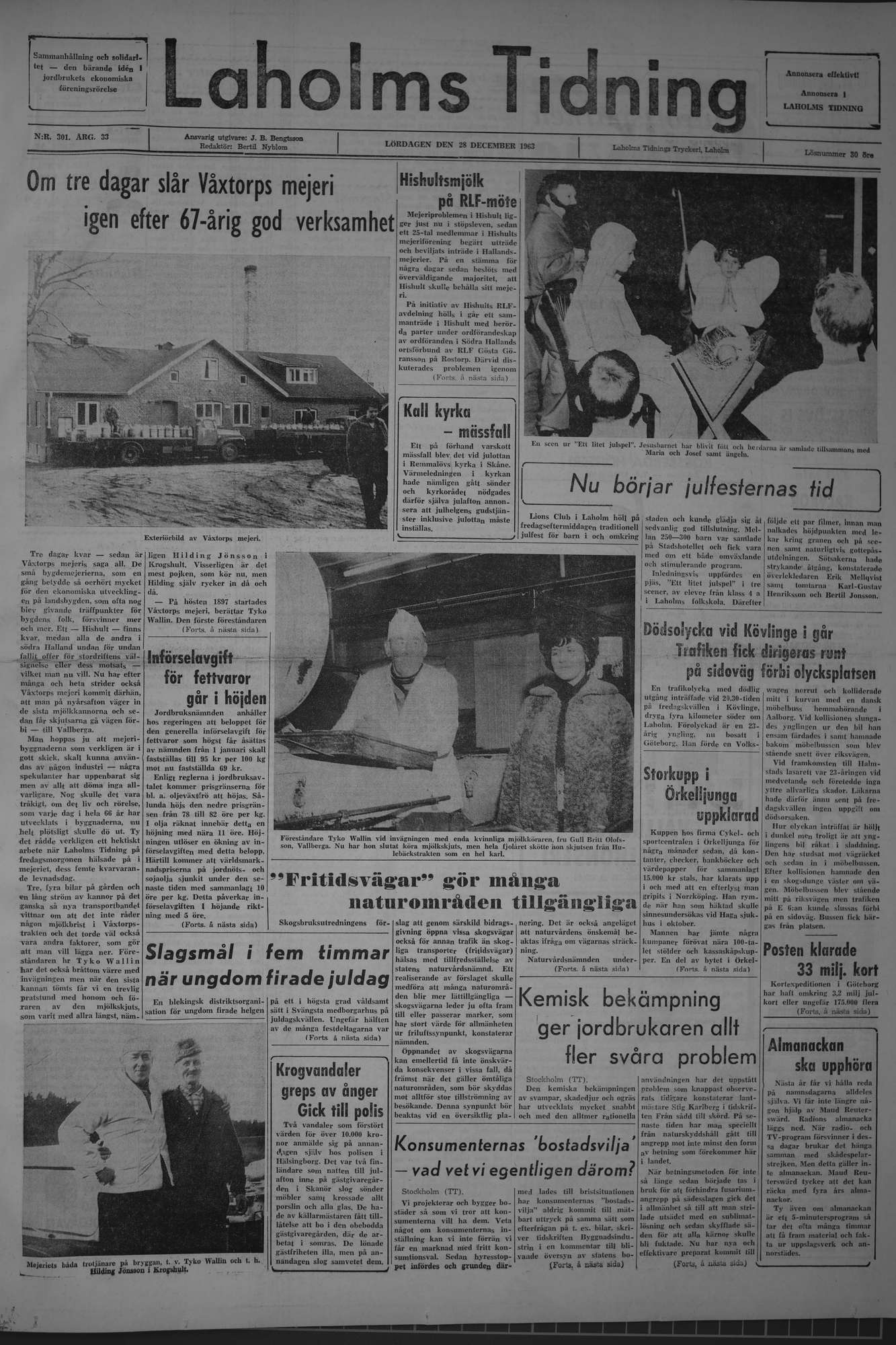 Laholms Tidning Lördag 28 december 1963, sida 1