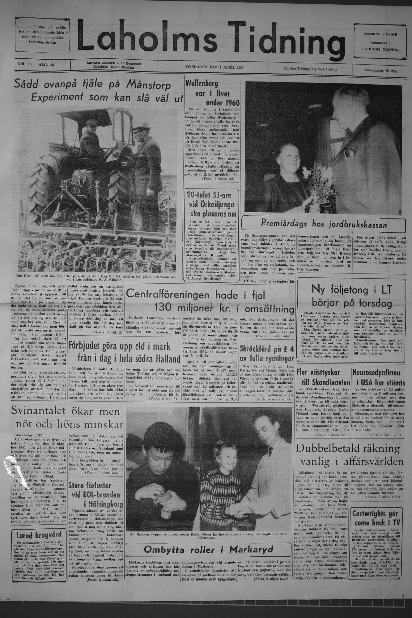 Laholms Tidning Onsdag 1 april 1964, sida 1