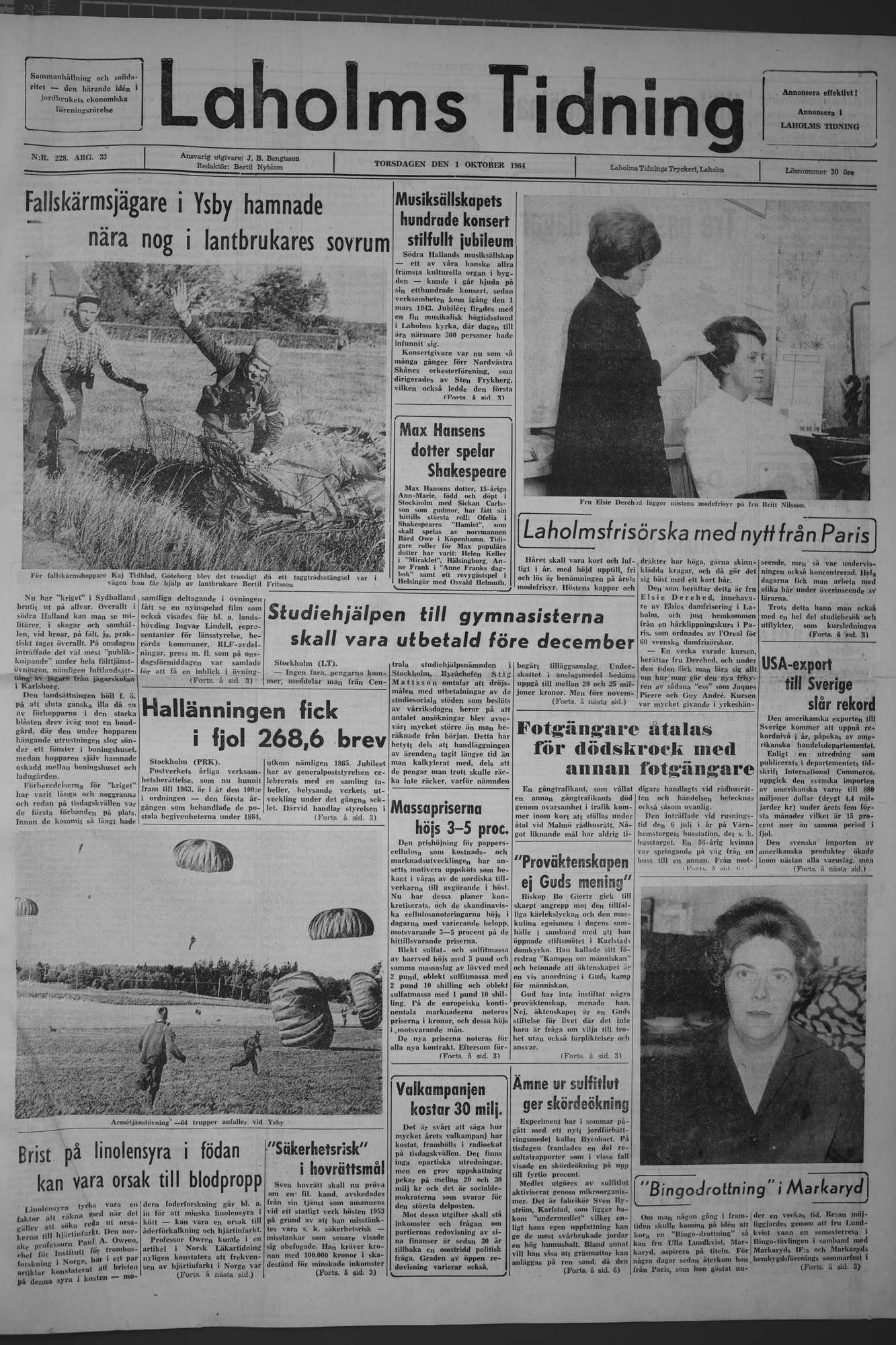 Laholms Tidning Torsdag 1 oktober 1964, sida 1