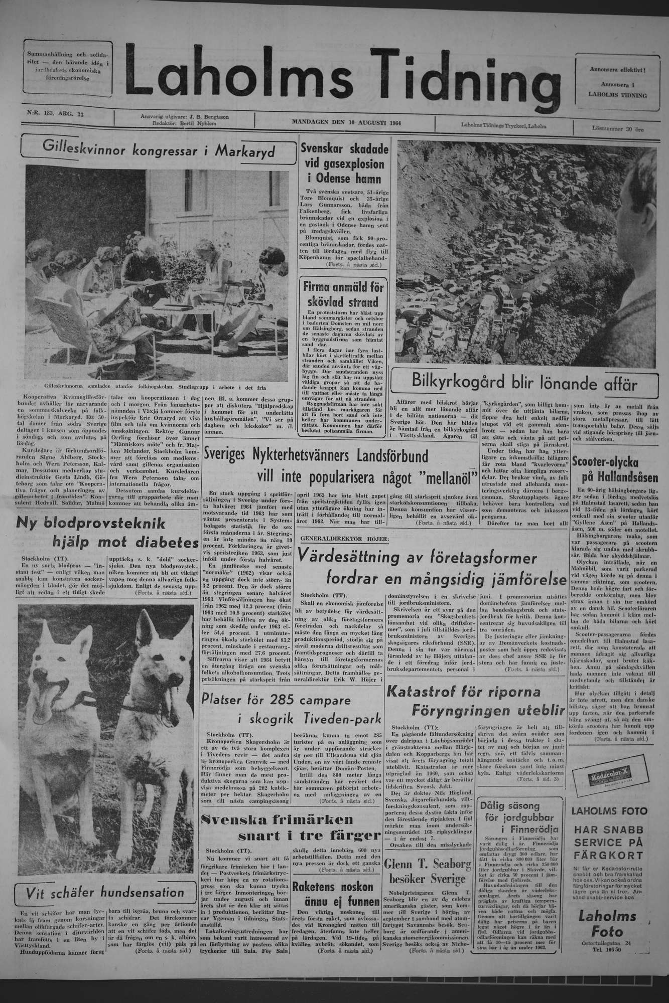 Laholms Tidning Måndag 10 augusti 1964, sida 1