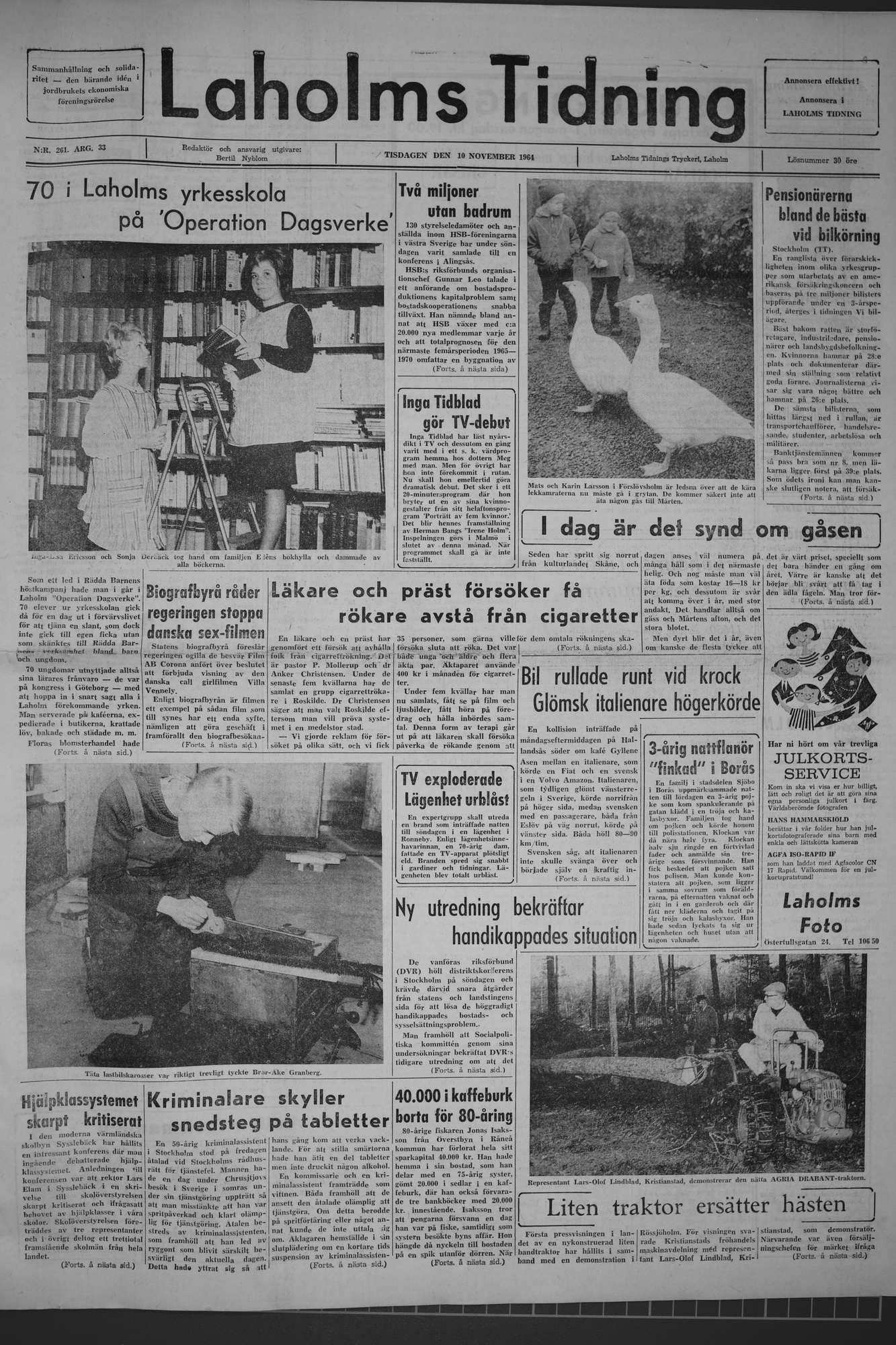 Laholms Tidning Tisdag 10 november 1964, sida 1