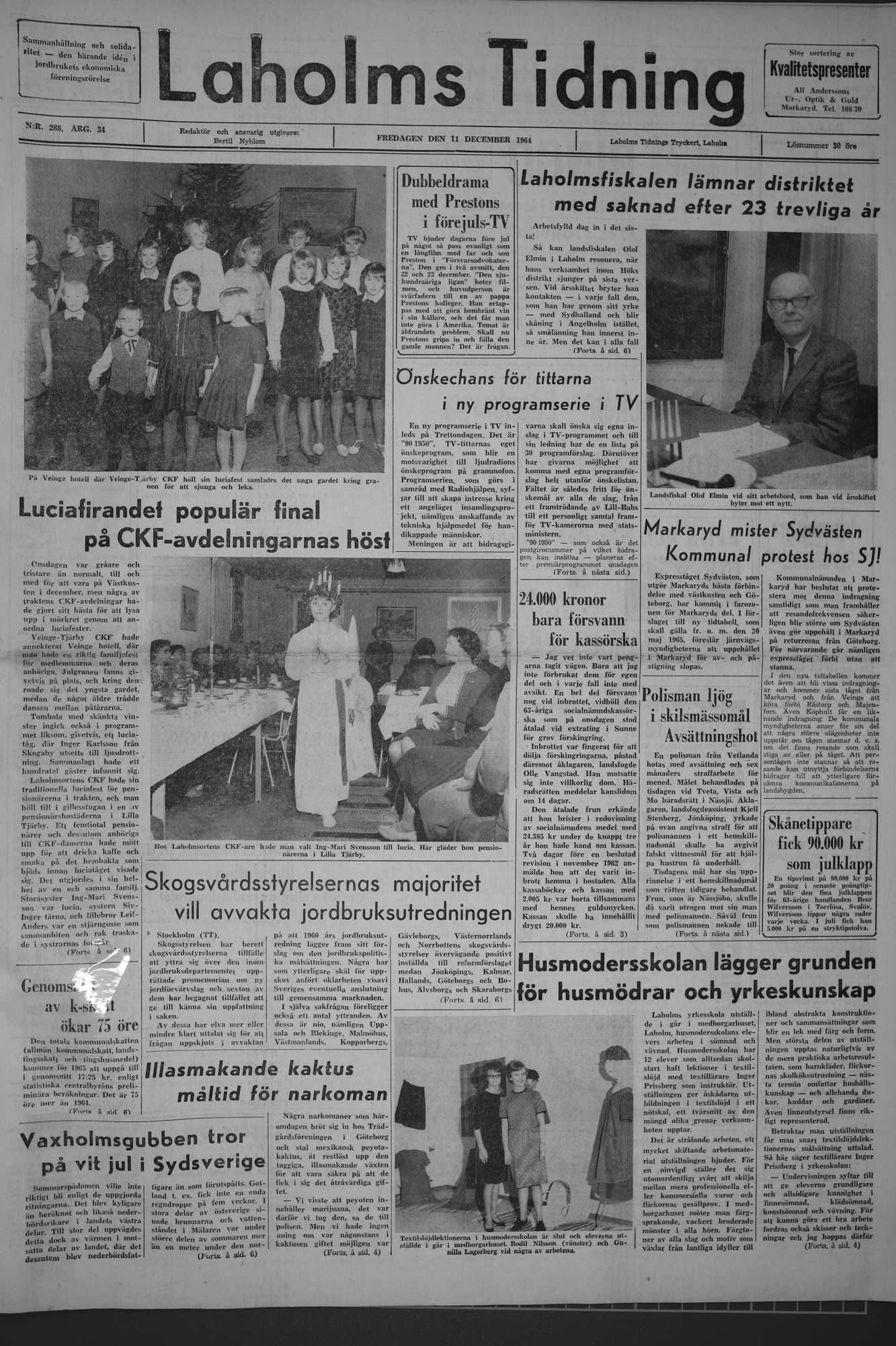 Laholms Tidning Fredag 11 december 1964, sida 1
