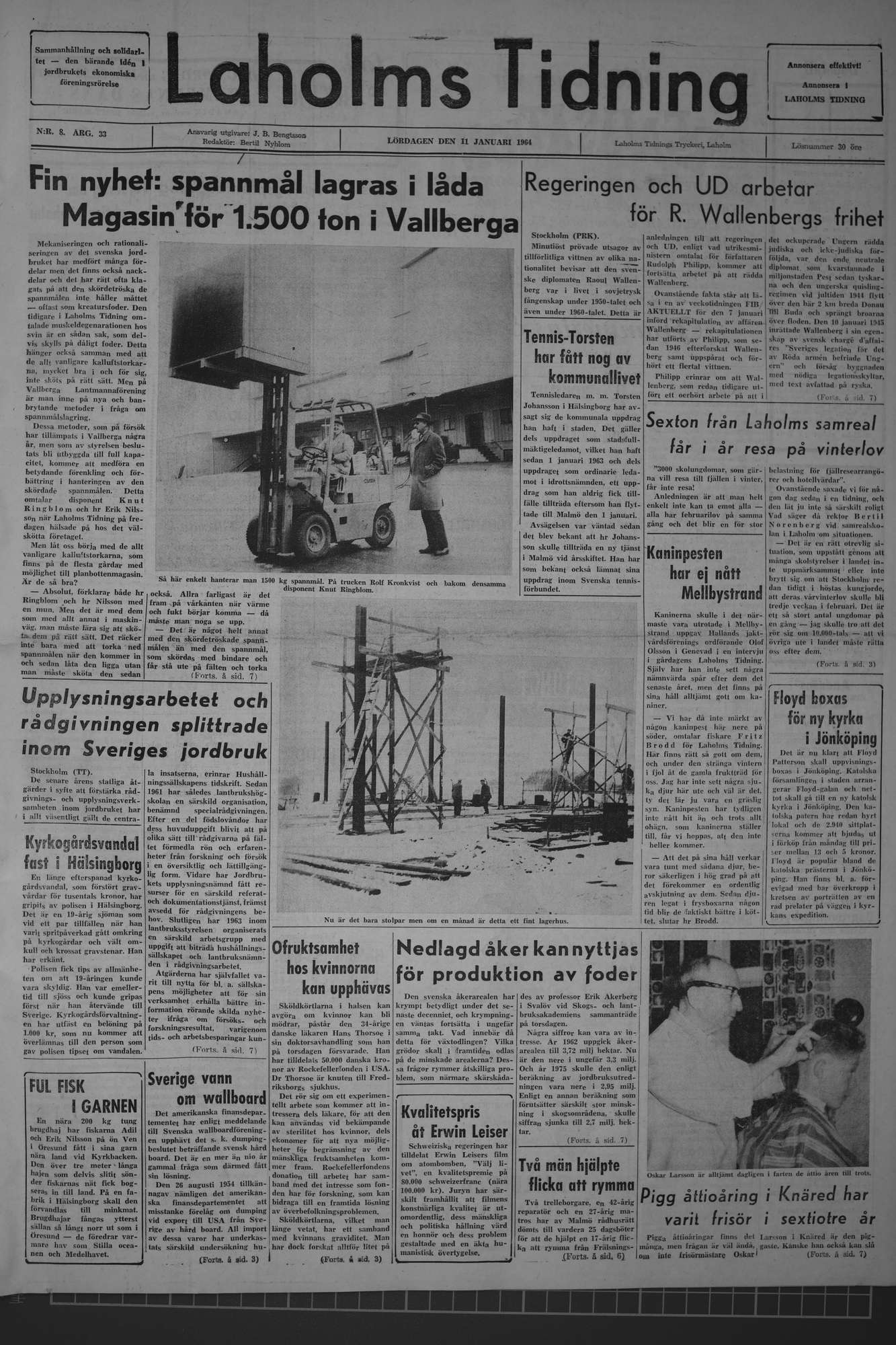Laholms Tidning Lördag 11 januari 1964, sida 1