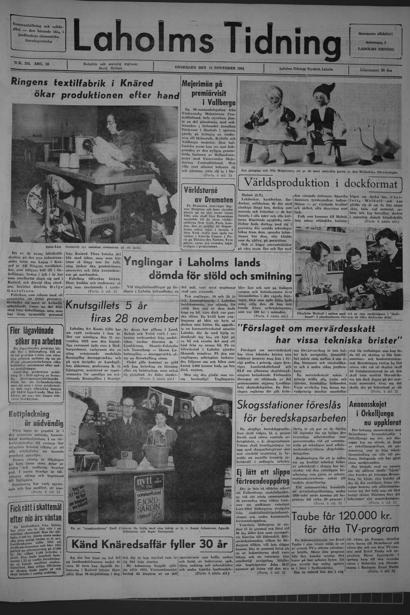 Laholms Tidning Onsdag 11 november 1964, sida 1