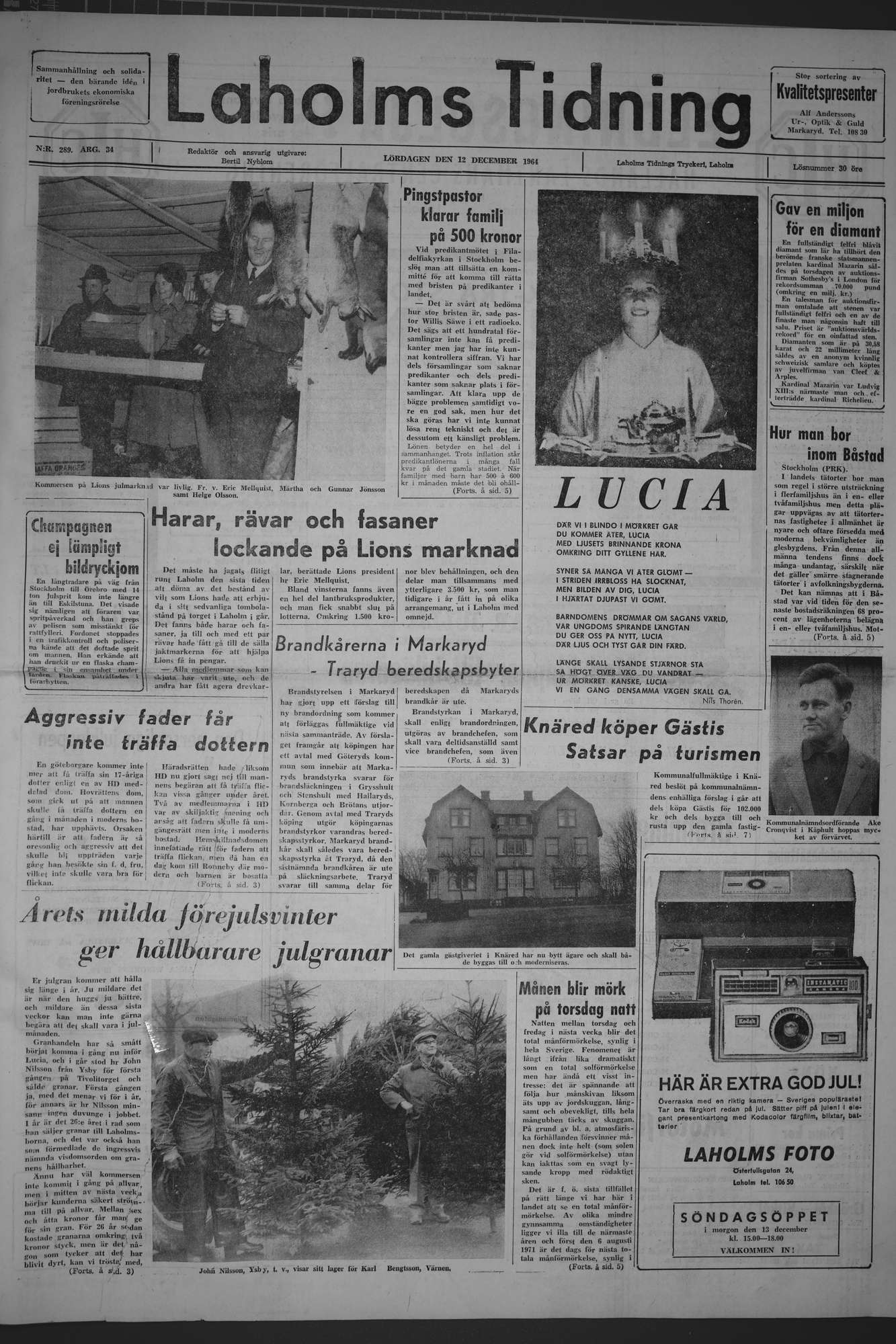 Laholms Tidning Lördag 12 december 1964, sida 1