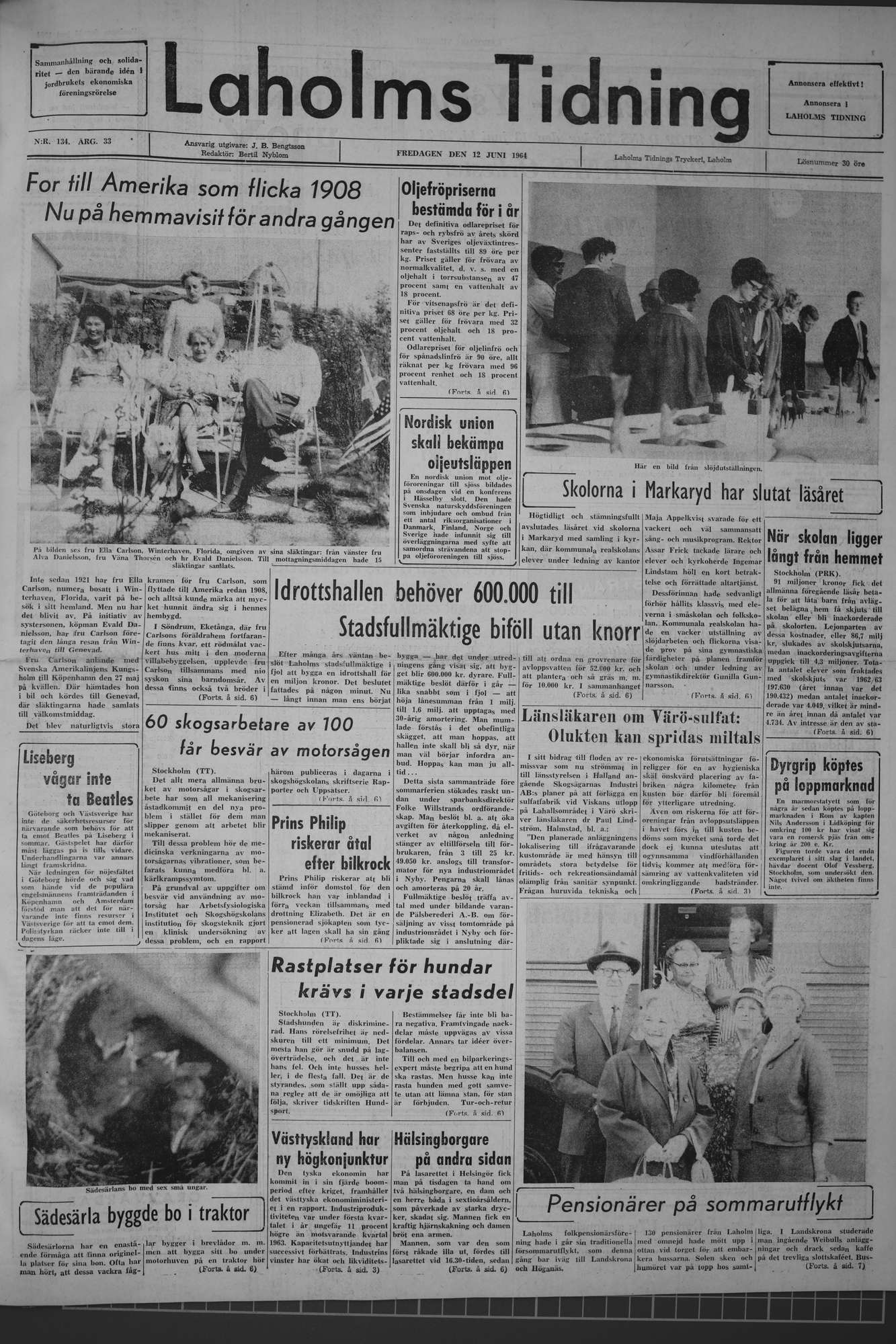 Laholms Tidning Fredag 12 juni 1964, sida 1