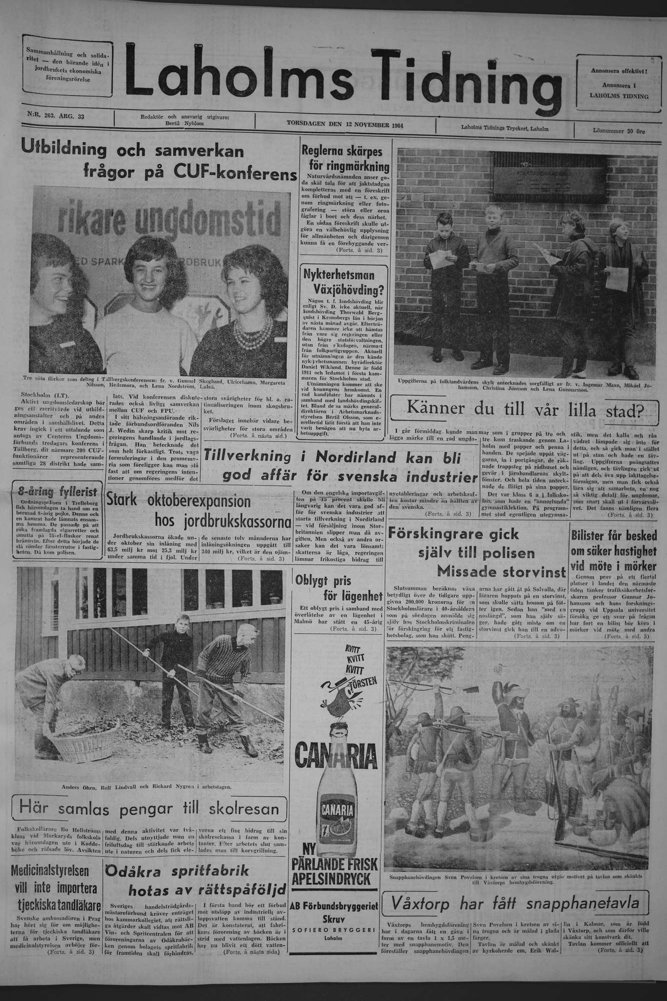 Laholms Tidning Torsdag 12 november 1964, sida 1