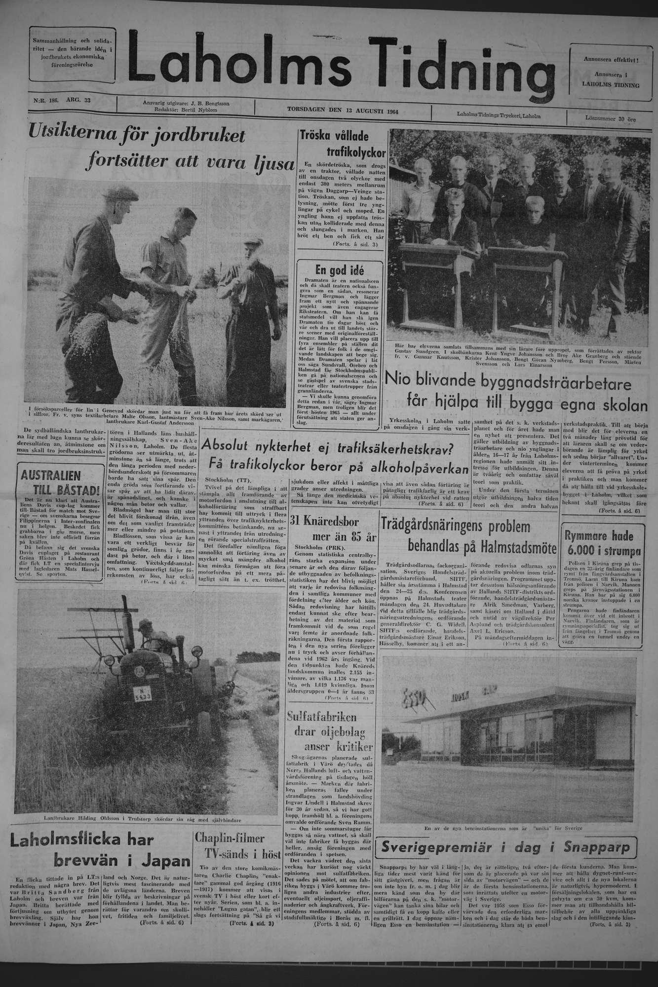 Laholms Tidning Torsdag 13 augusti 1964, sida 1