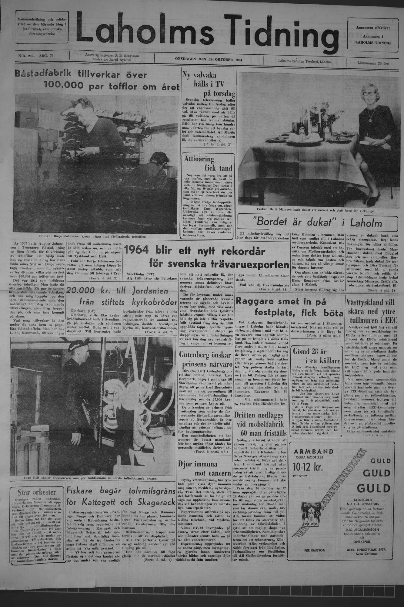 Laholms Tidning Onsdag 14 oktober 1964, sida 1