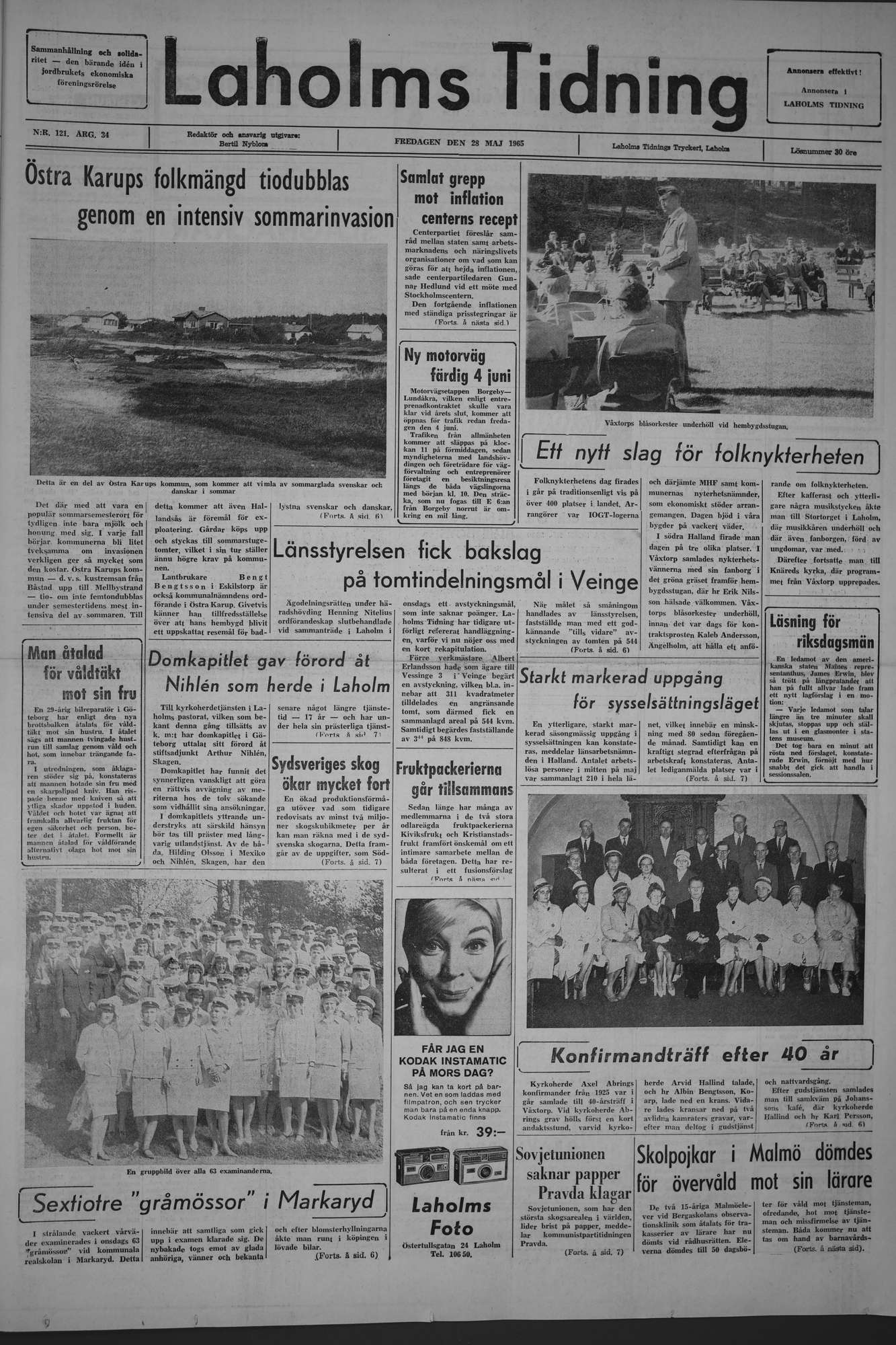 Laholms Tidning Fredag 28 maj 1965, sida 1