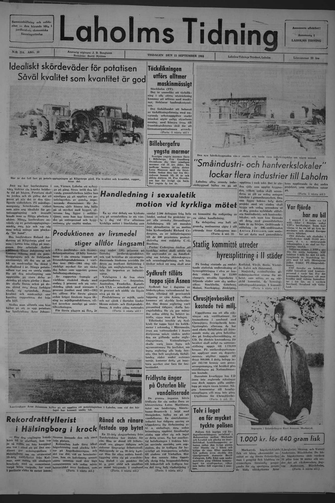 Laholms Tidning Tisdag 15 september 1964, sida 1
