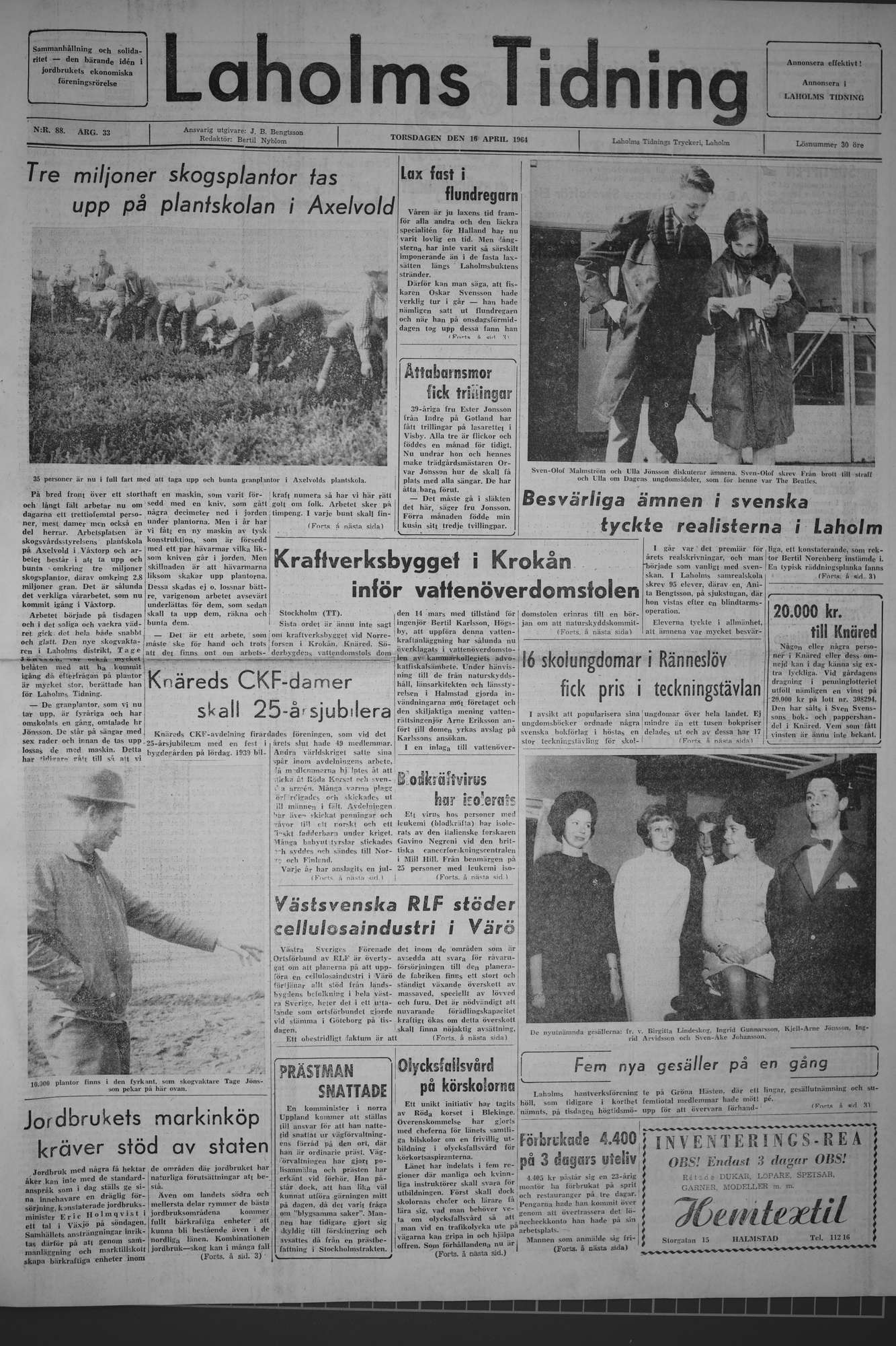 Laholms Tidning Torsdag 16 april 1964, sida 1