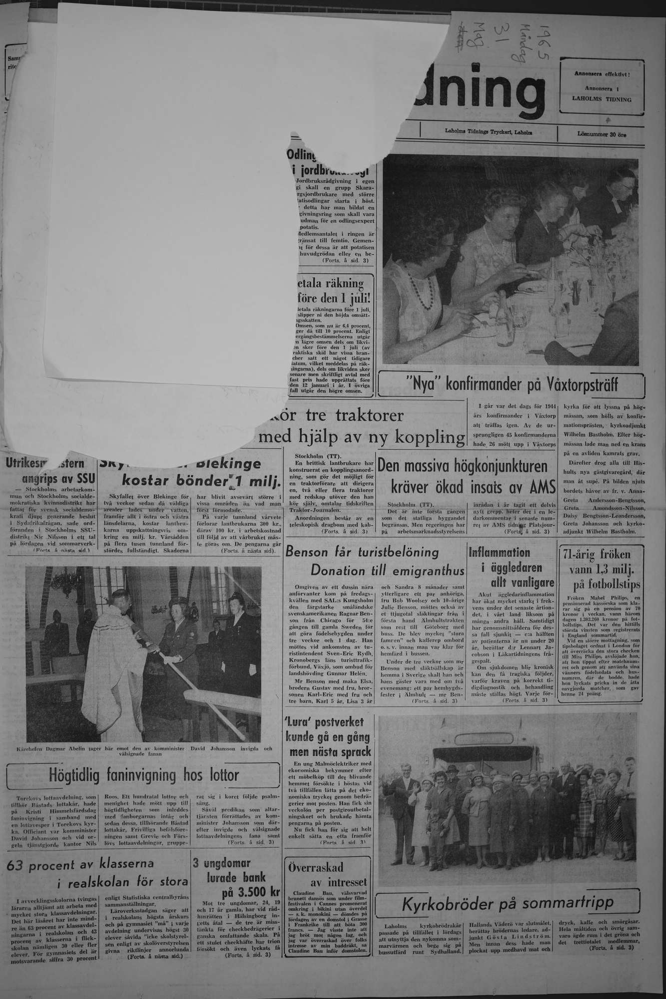 Laholms Tidning Måndag 31 maj 1965, sida 1