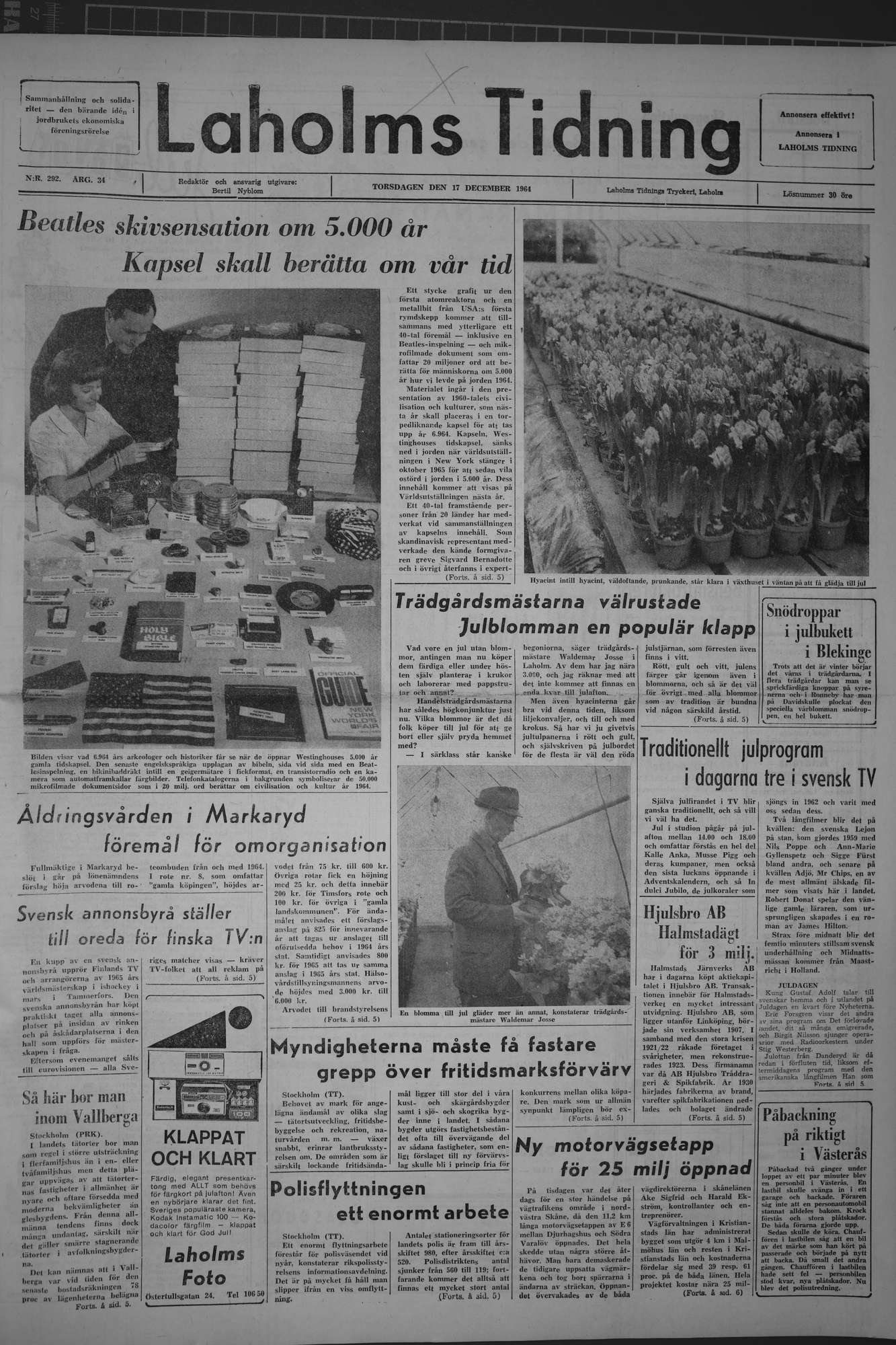 Laholms Tidning Torsdag 17 december 1964, sida 1