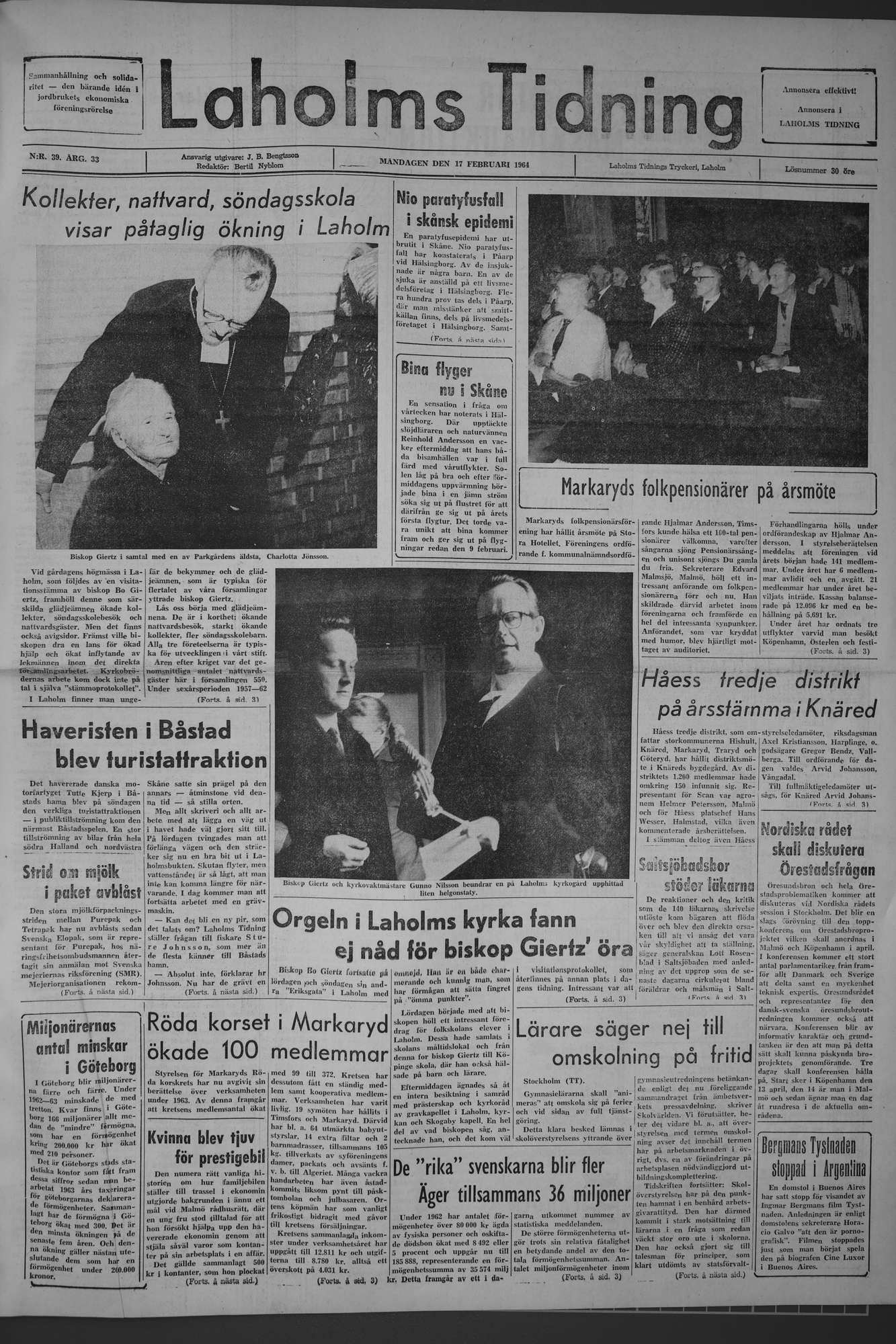 Laholms Tidning Måndag 17 februari 1964, sida 1