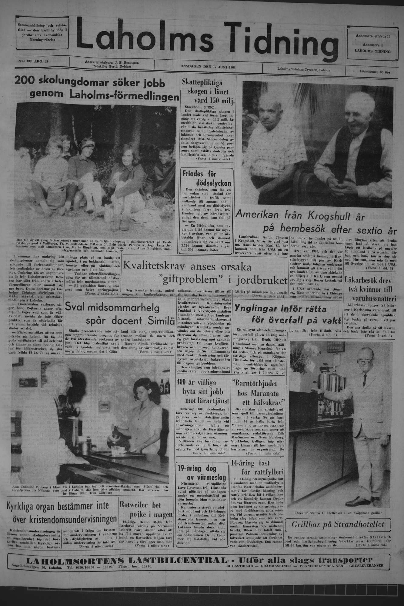 Laholms Tidning Onsdag 17 juni 1964, sida 1