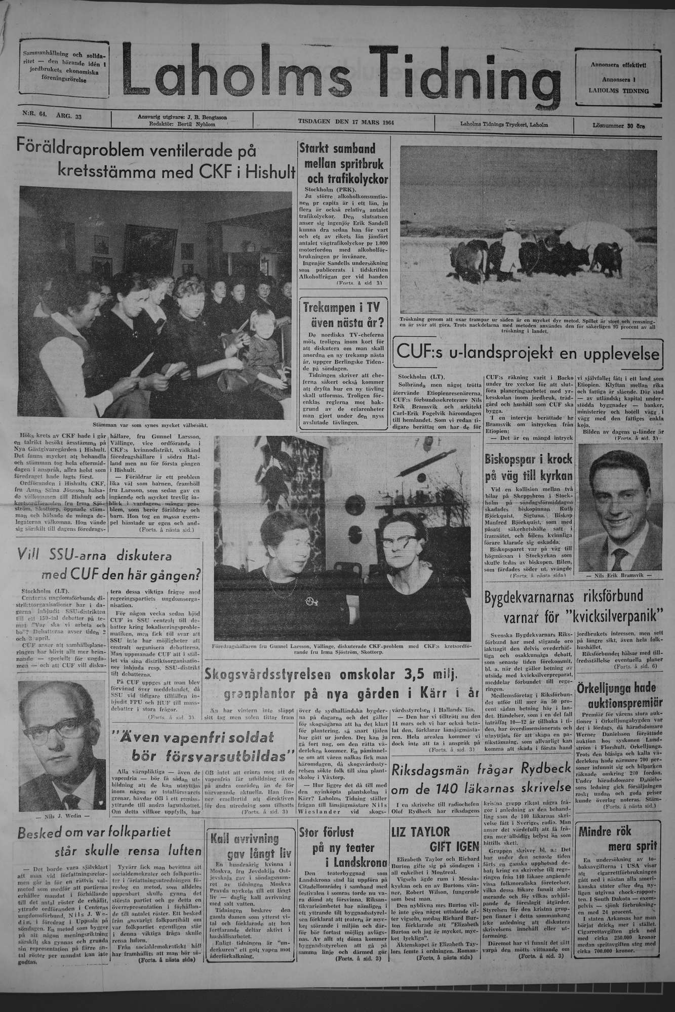 Laholms Tidning Tisdag 17 mars 1964, sida 1