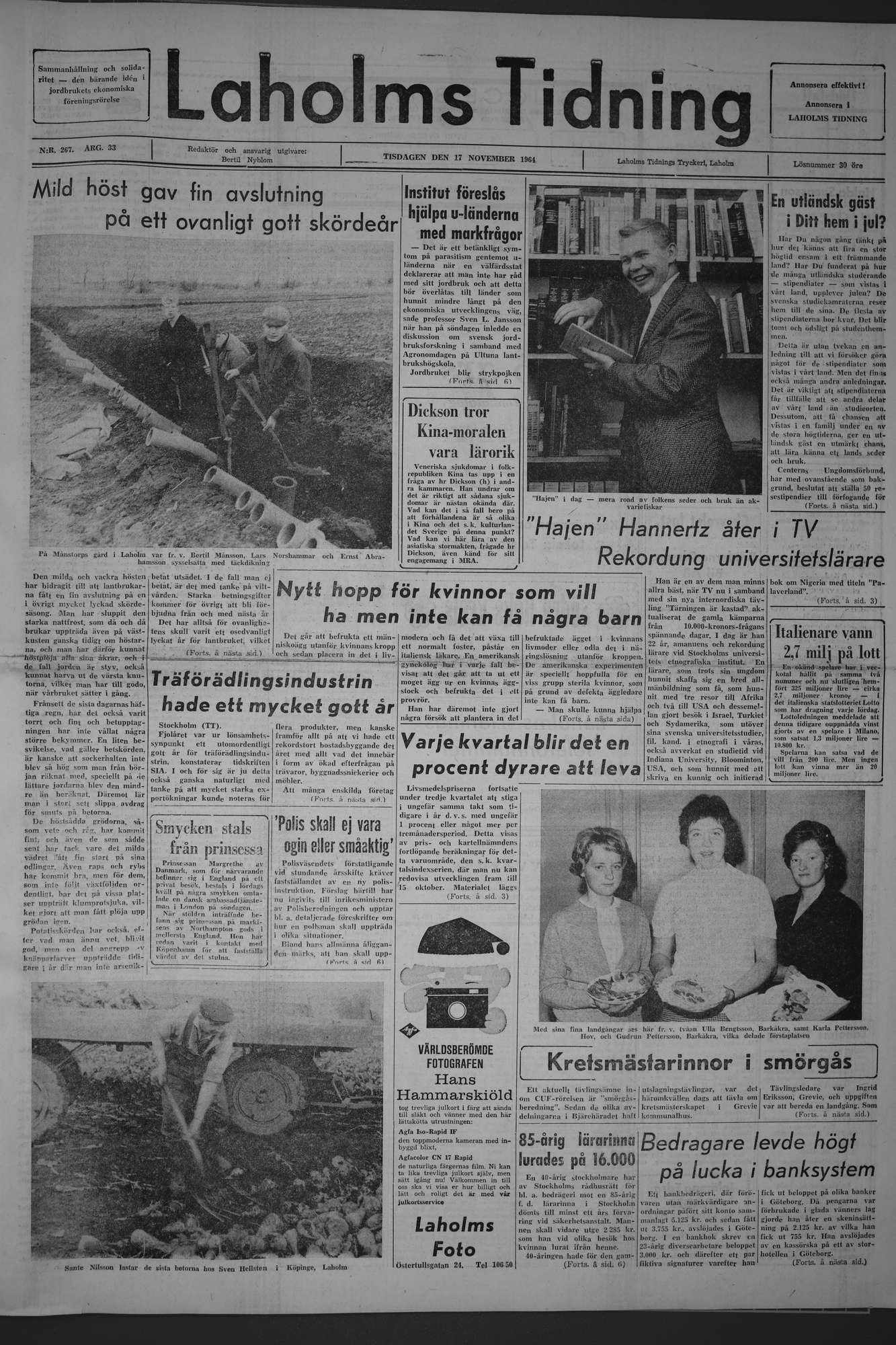 Laholms Tidning Tisdag 17 november 1964, sida 1