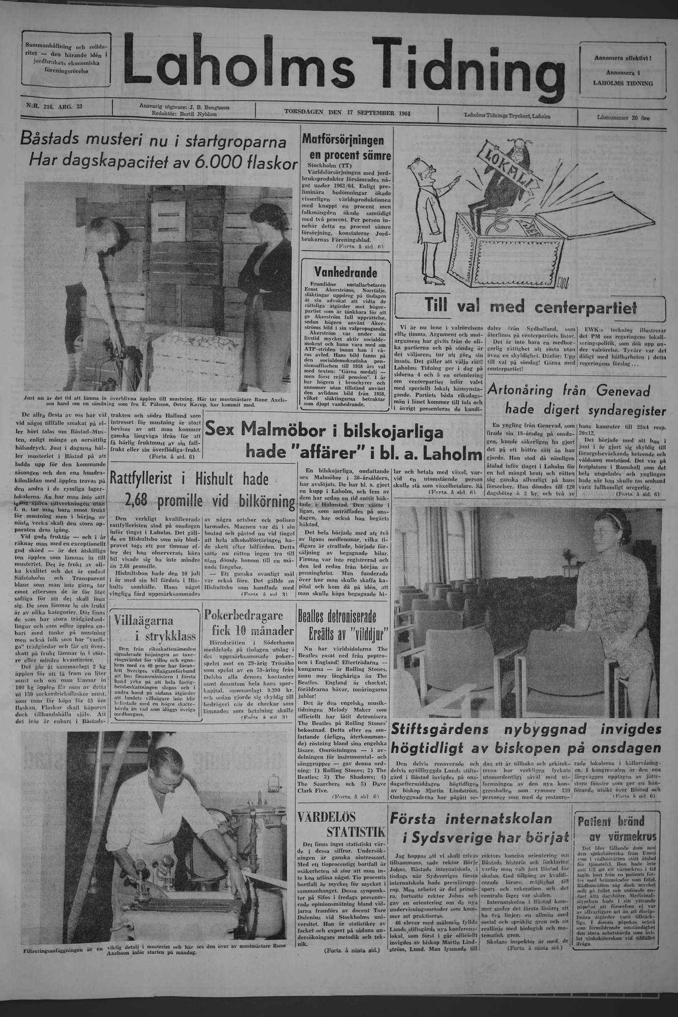 Laholms Tidning Torsdag 17 september 1964, sida 1