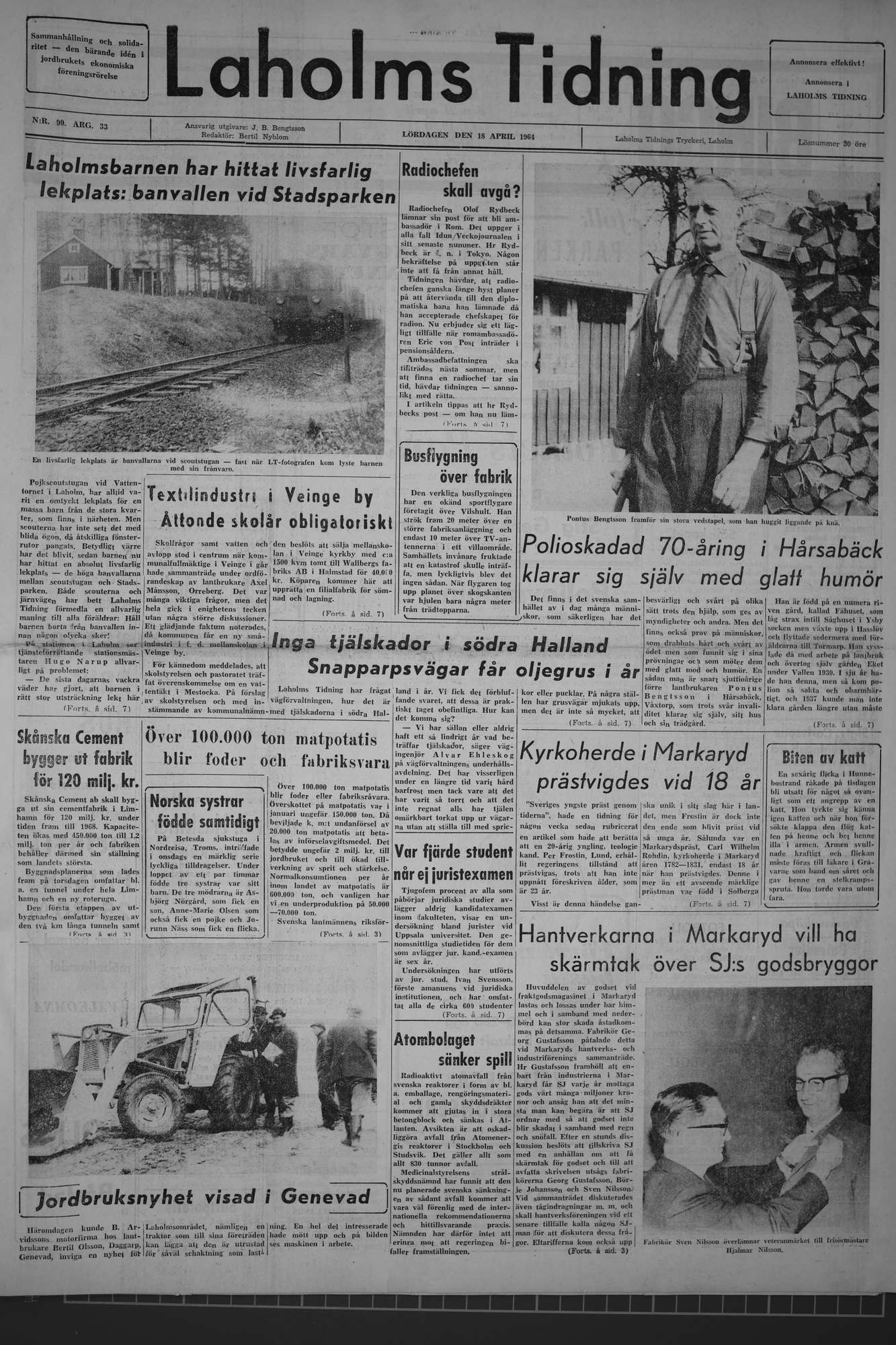 Laholms Tidning Lördag 18 april 1964, sida 1