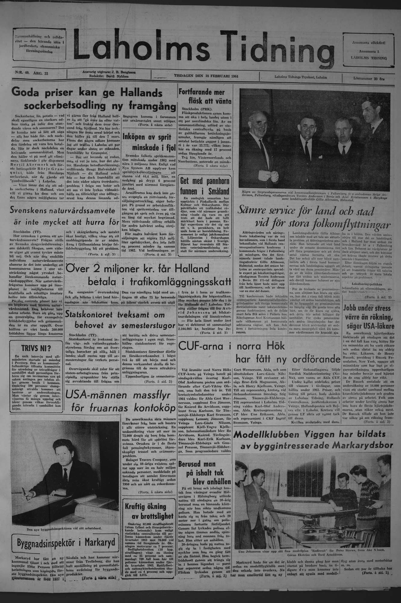 Laholms Tidning Tisdag 18 februari 1964, sida 1