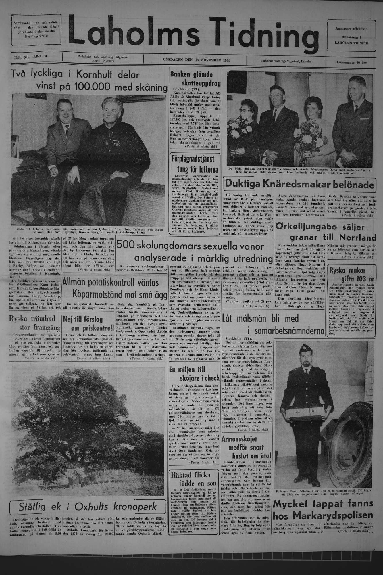 Laholms Tidning Onsdag 18 november 1964, sida 1