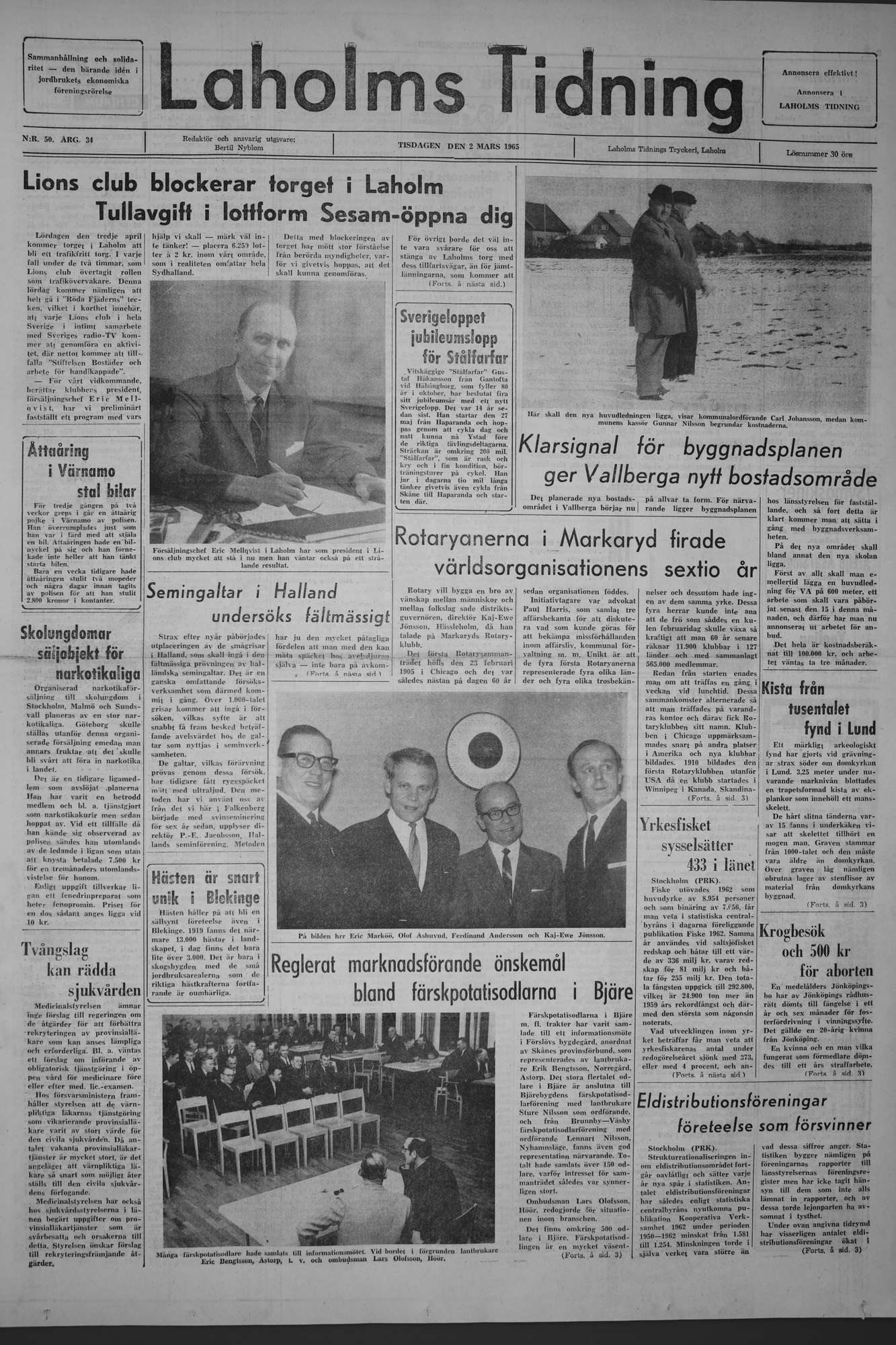 Laholms Tidning Tisdag 2 mars 1965, sida 1