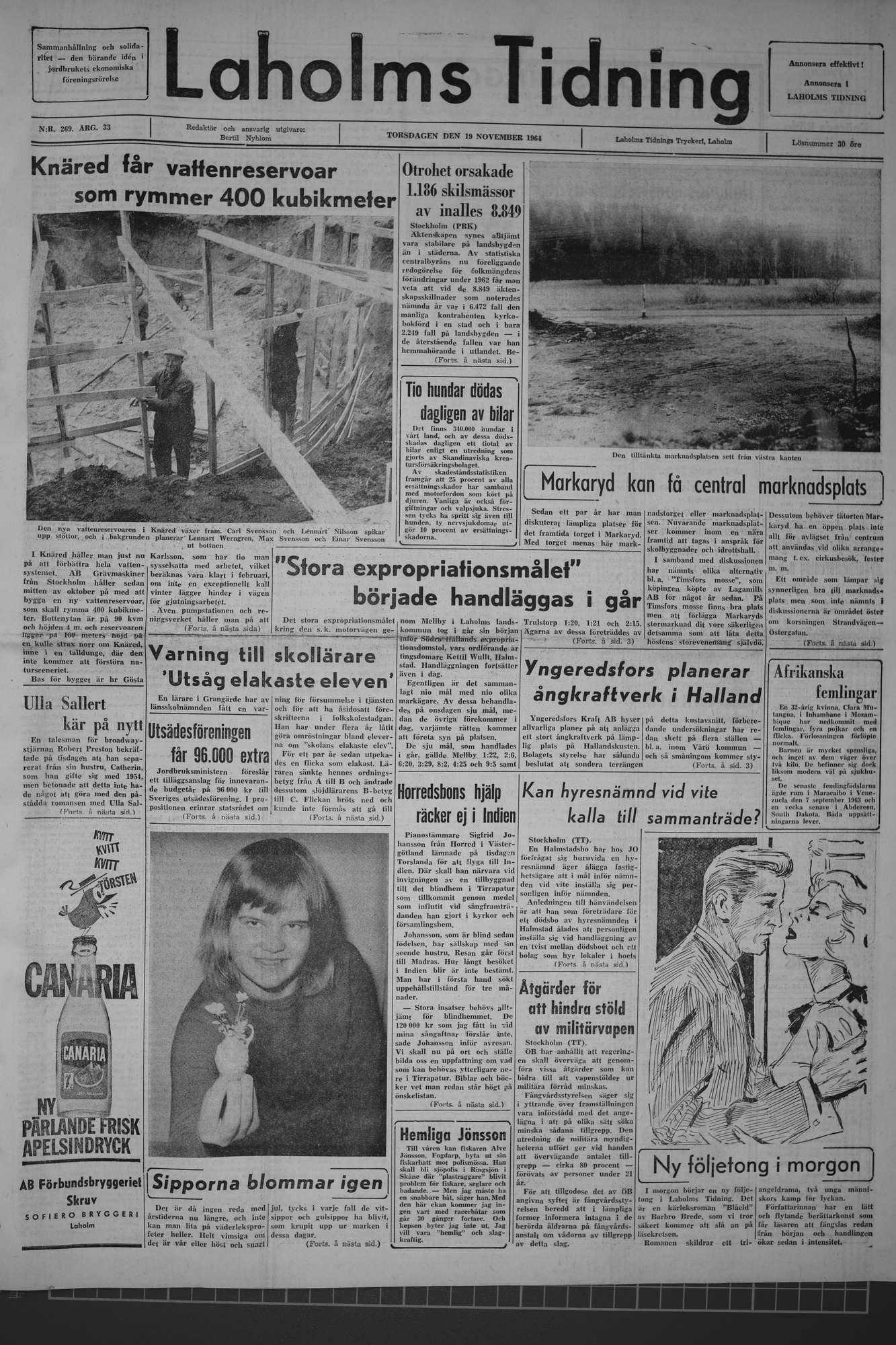 Laholms Tidning Torsdag 19 november 1964, sida 1